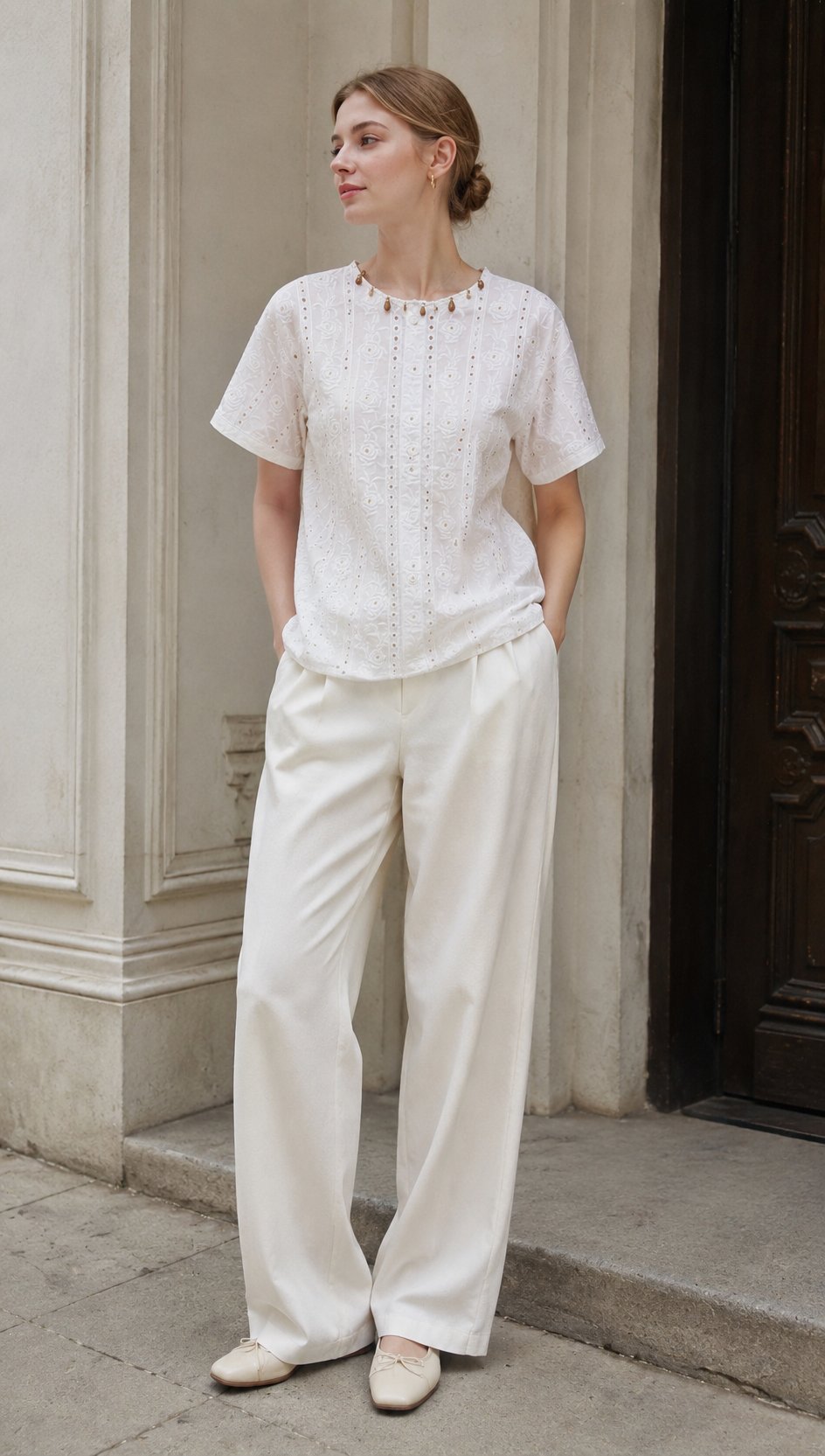 Minimalist Embroidered Eyelet Blouse with Beaded Trim AN-750013