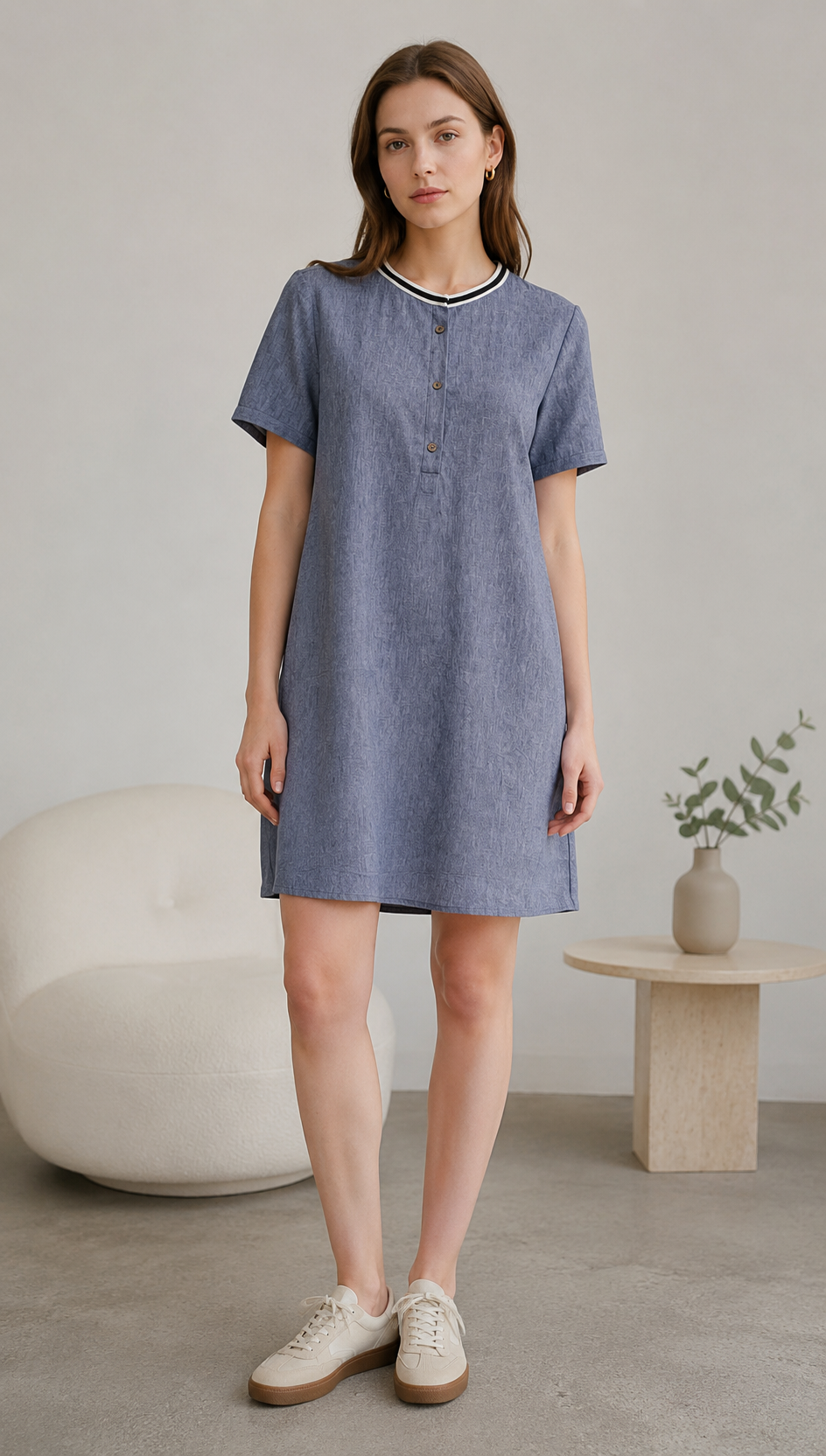 Blue Linen-Blend Tunic Dress with Contrast Neckline Trim AN-750015