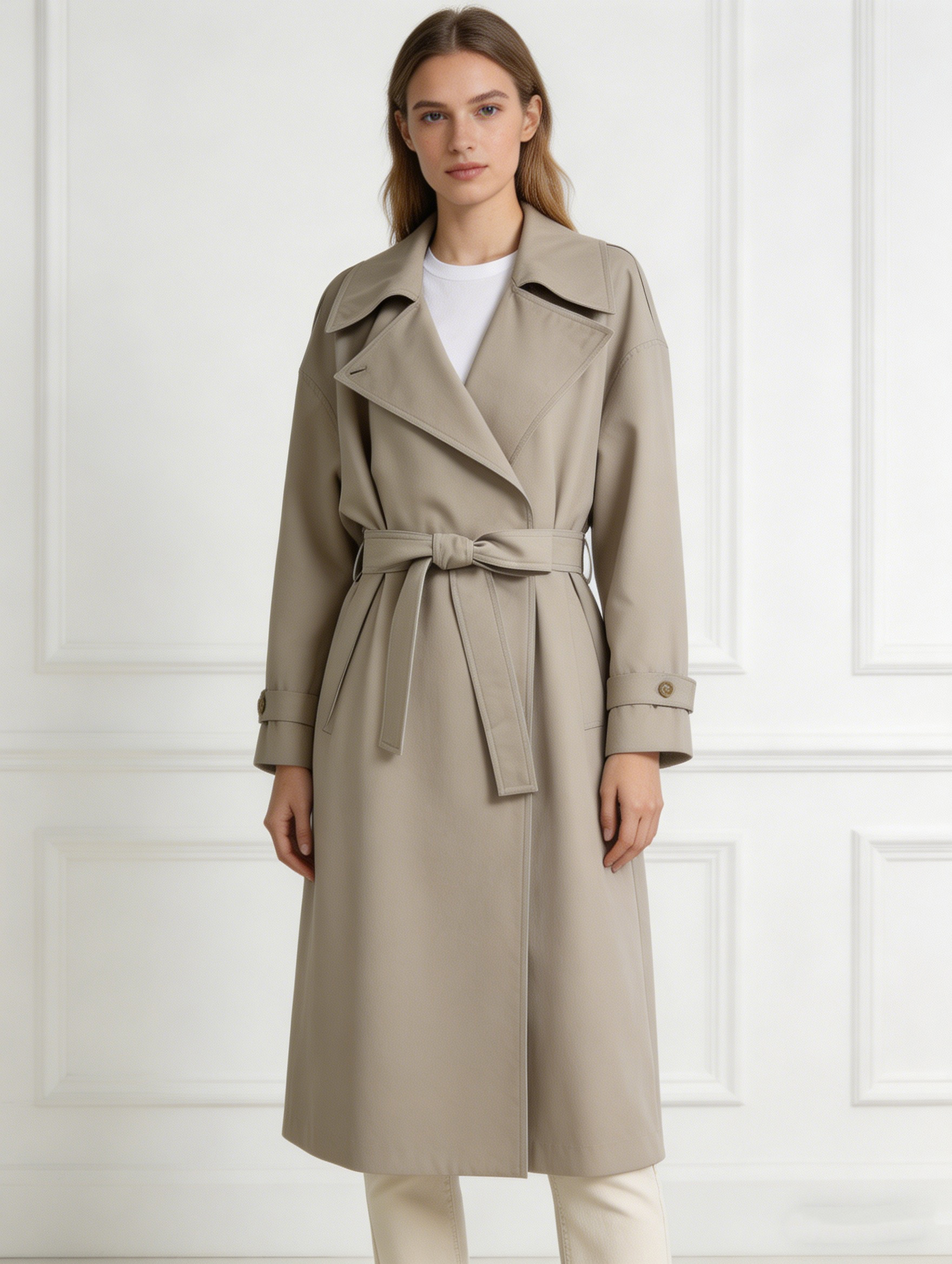 Light Beige Belted Trench Coat - Oversized Long Coat 57768