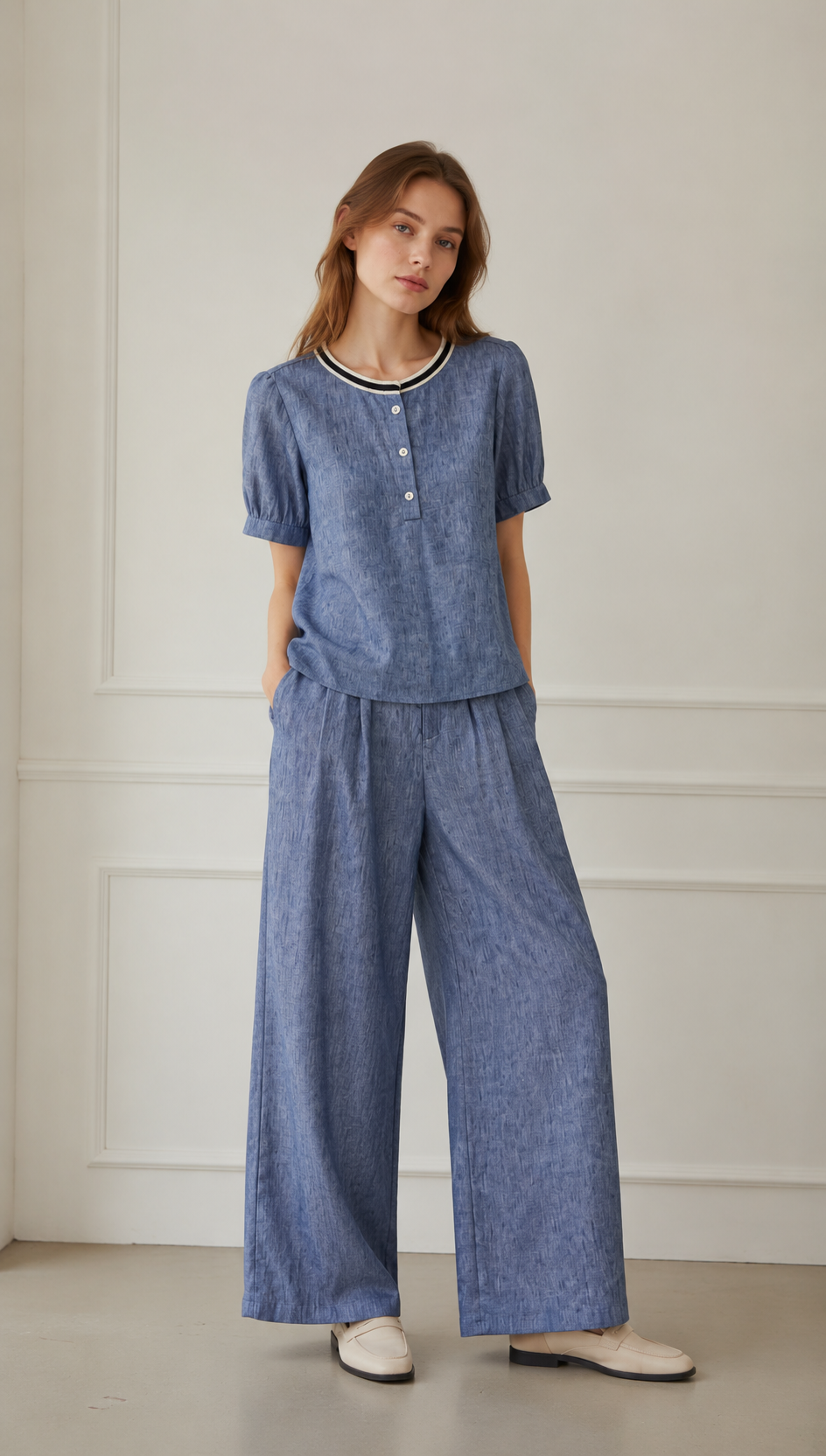 Elegant Linen-Blend Blouse with Contrast Ribbed Neckline AN-750016