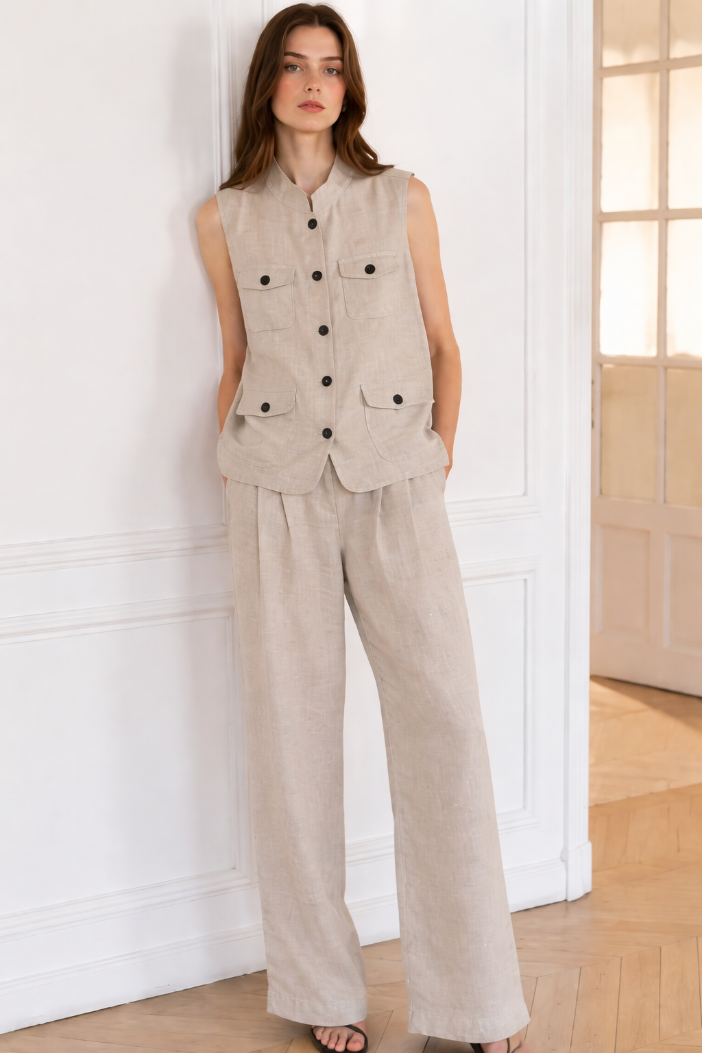 Minimalist Multi-Pocket Linen Utility Waistcoat LA-710008