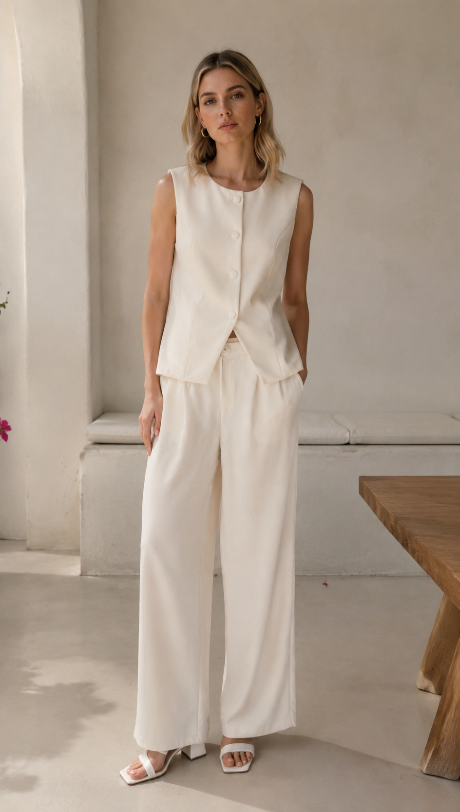Elegant Light Vest & High-Waisted Wide-Leg Pants Set LA-710009