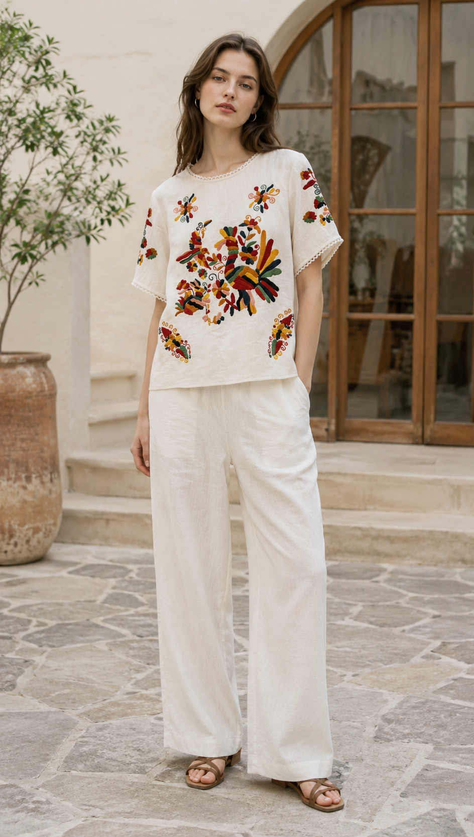 Floral Embroidered Boho Blouse with Lace Trim LA-750002