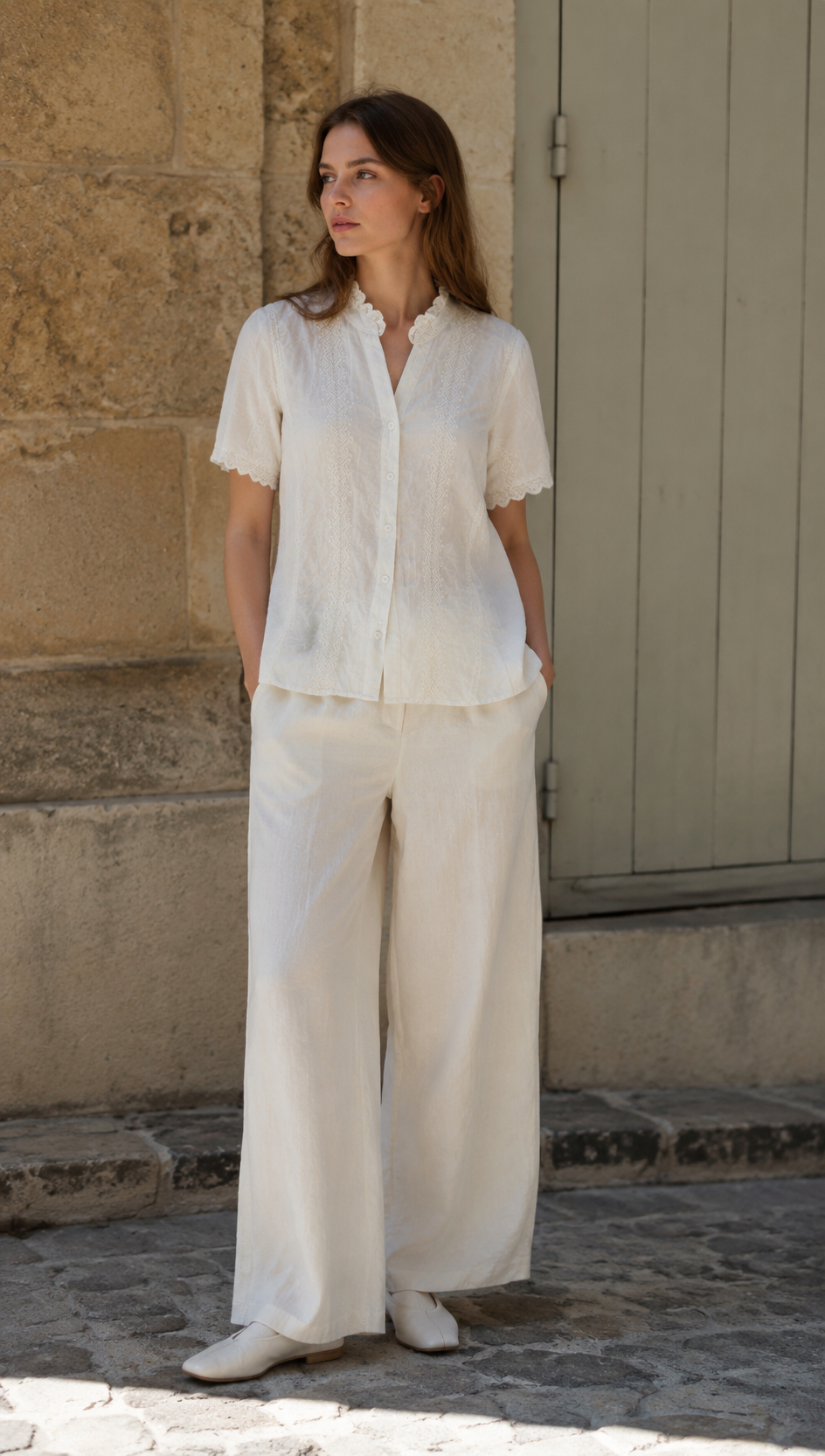 Linen-Blend Blouse with White Lace & Embroidery LA-810001