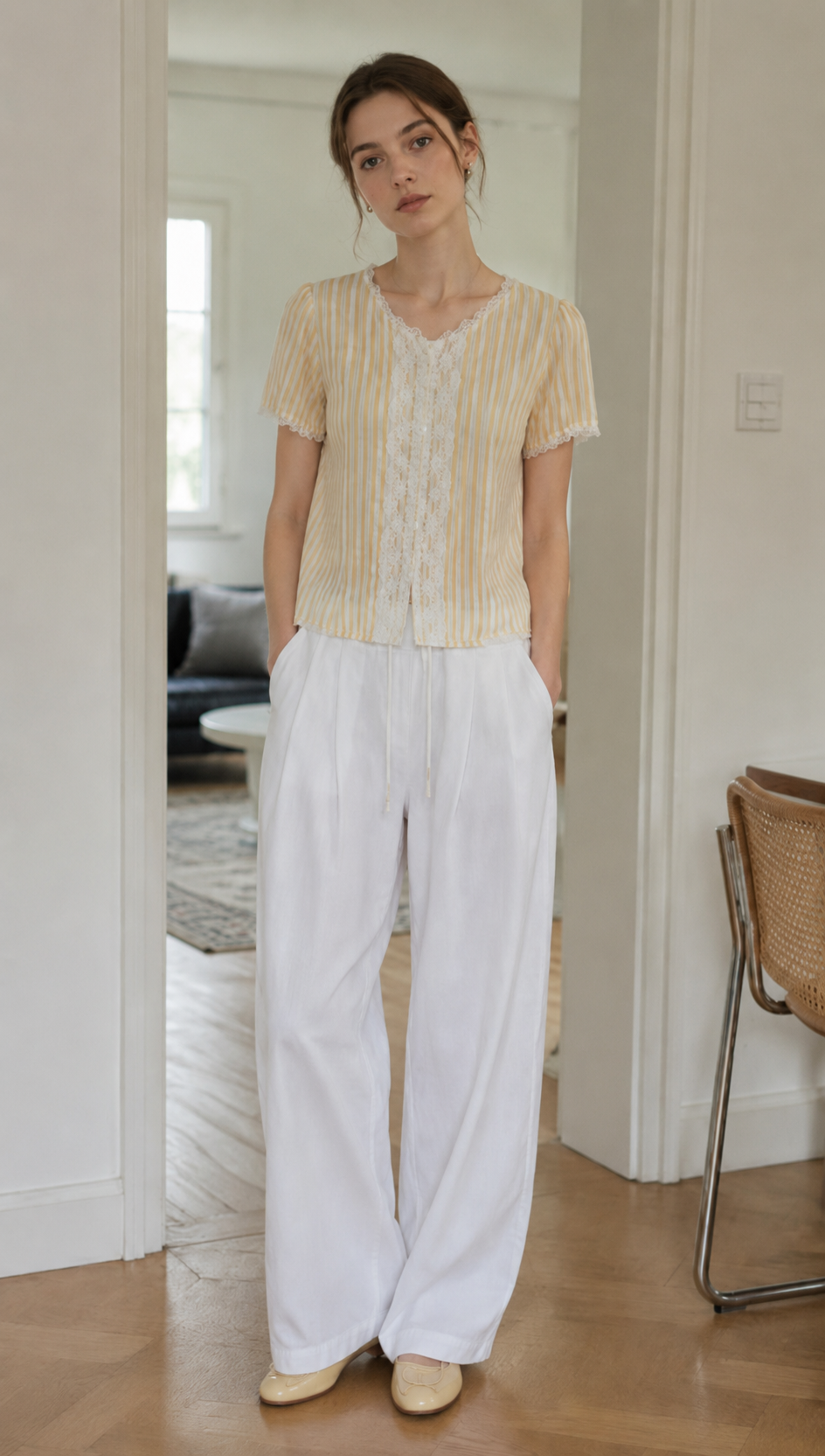 Elegant Striped Blouse with White Lace Details LA-810002