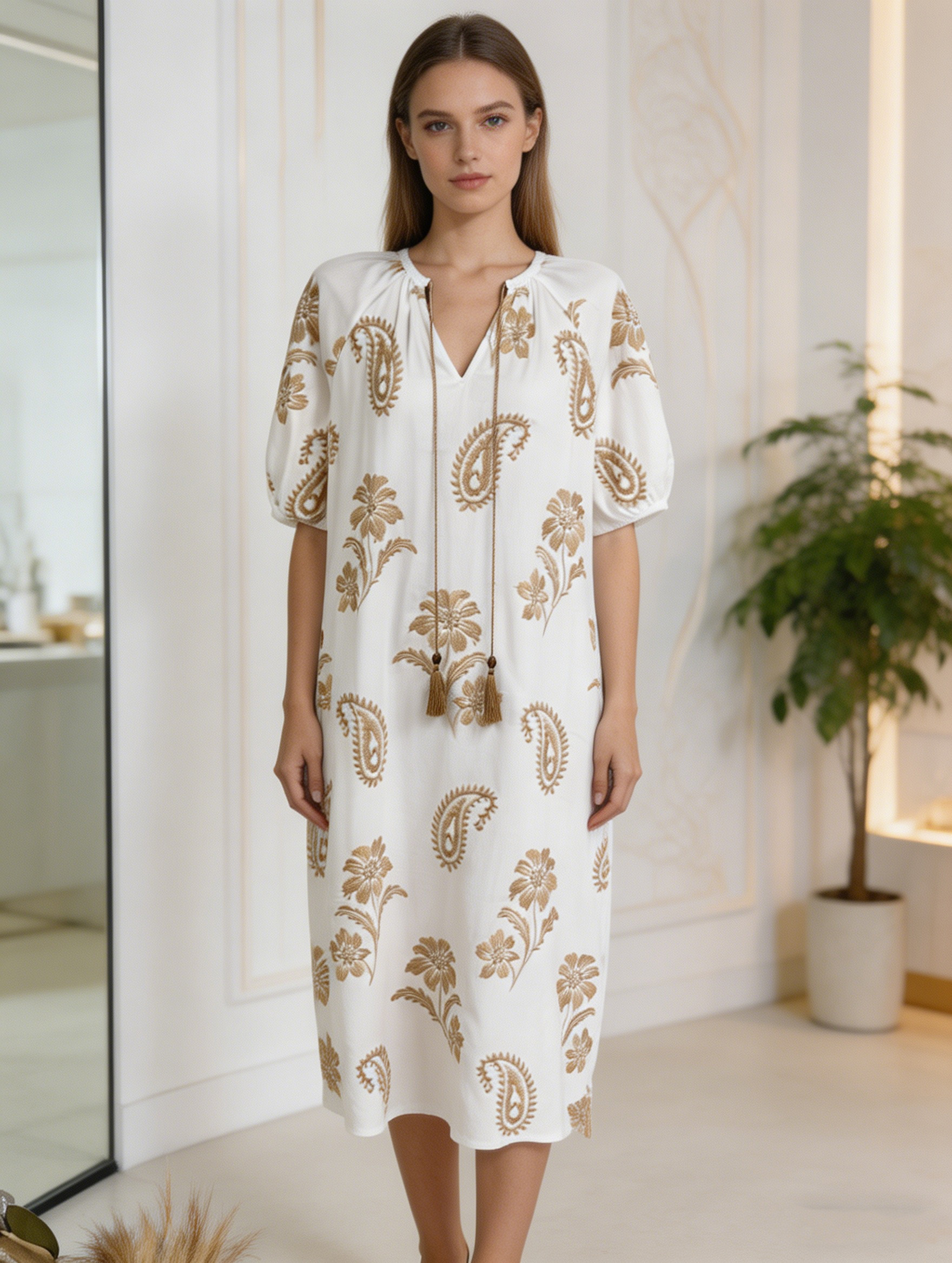  Women's Boho Chic White Midi Dress with Gold Paisley Embroidery and Tassel Tie C-42574