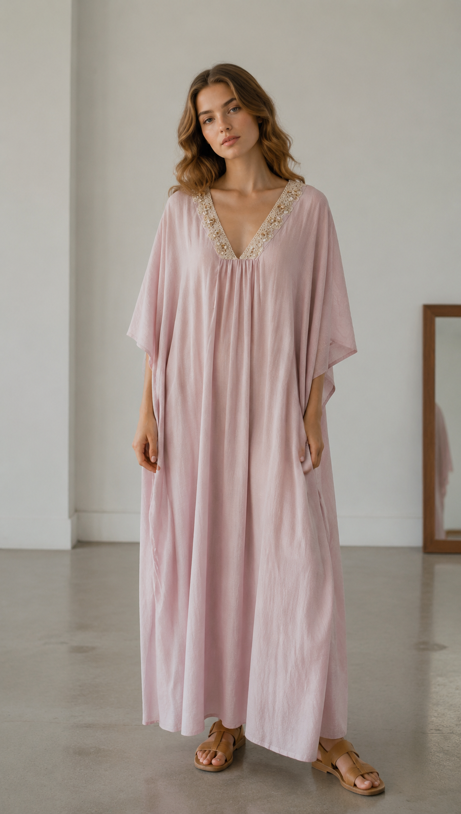 Linen-Blend Kaftan Dress with Shell & Lace Neckline LA-810005