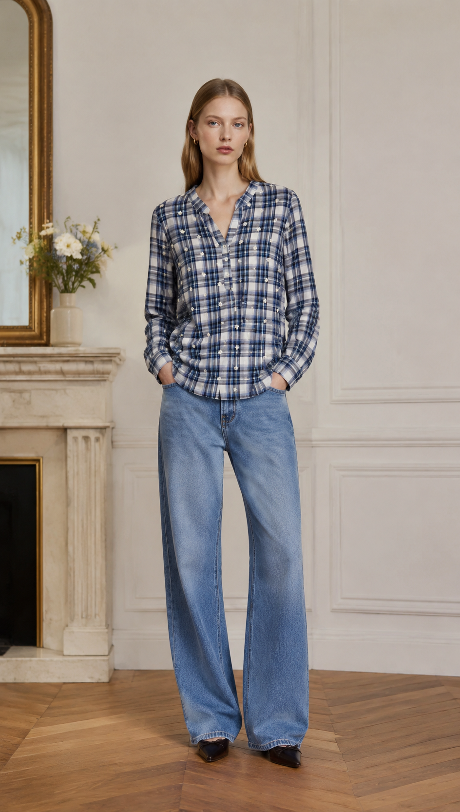 Blue & White Plaid Blouse with Floral Embroidery AN-710025