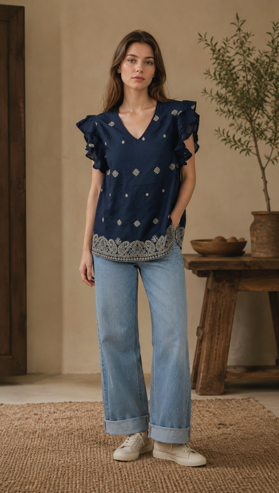 Linen-Blend Embroidered Blouse with Ruffled Sleeves AN-710001
