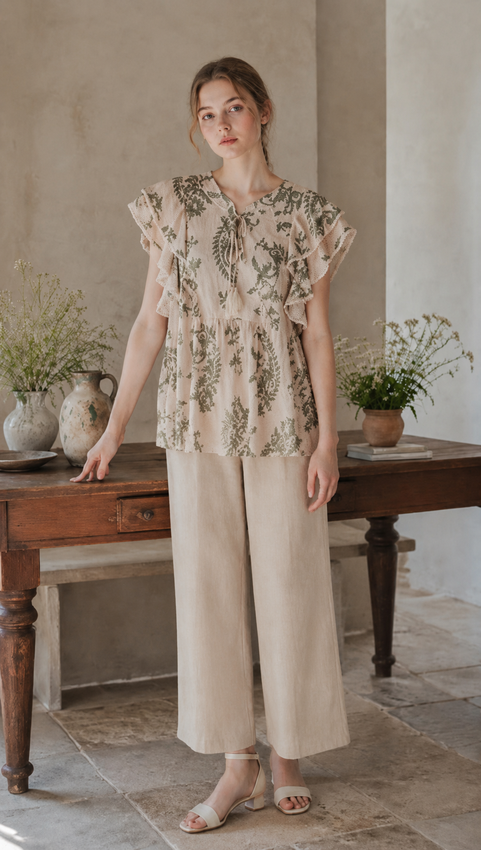 Boho Beige Paisley Print Blouse - Ruffle Sleeve Relaxed Fit Top  AN-710027