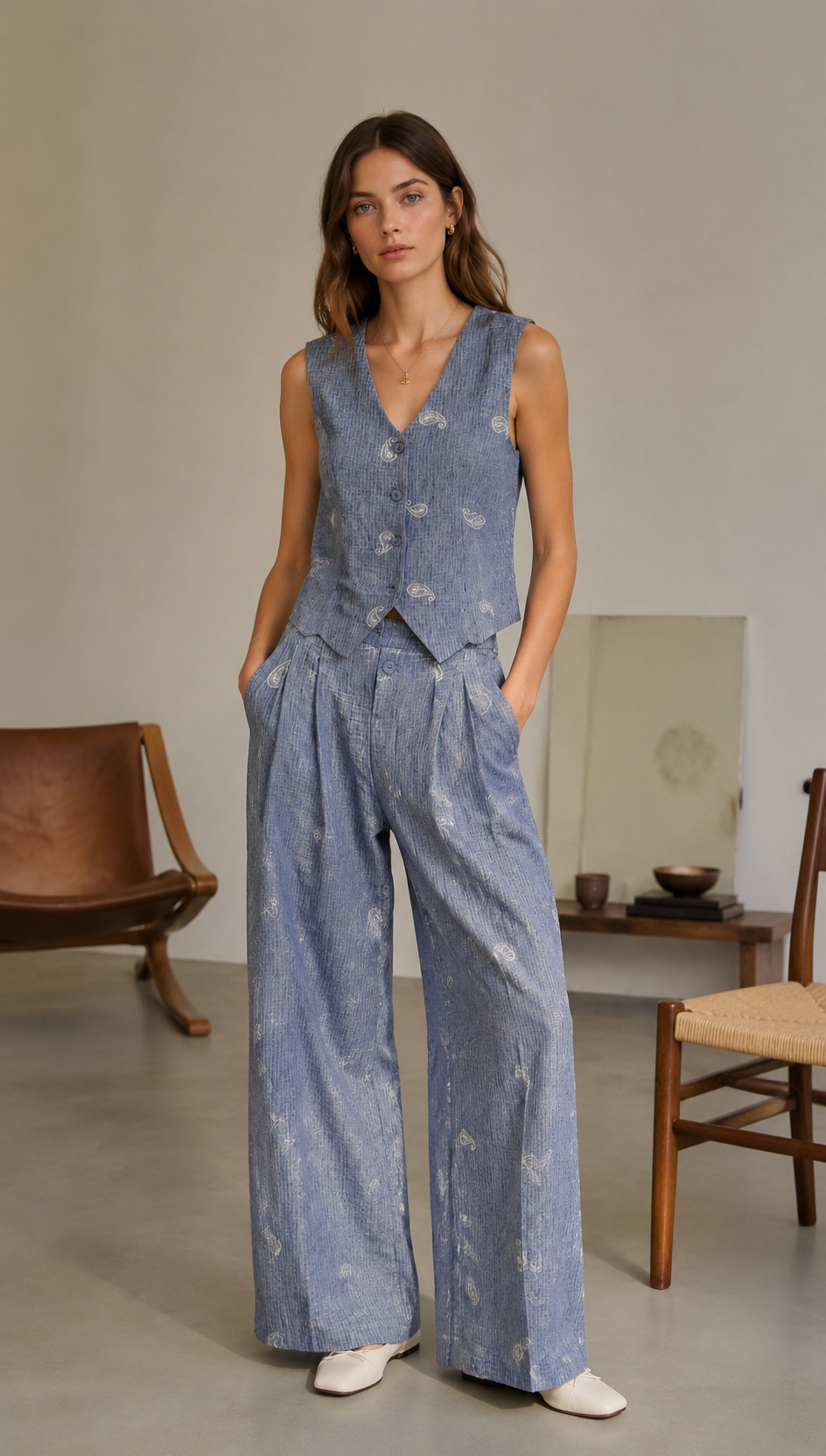 Paisley Embroidered Linen Tailored Vest AN-710028