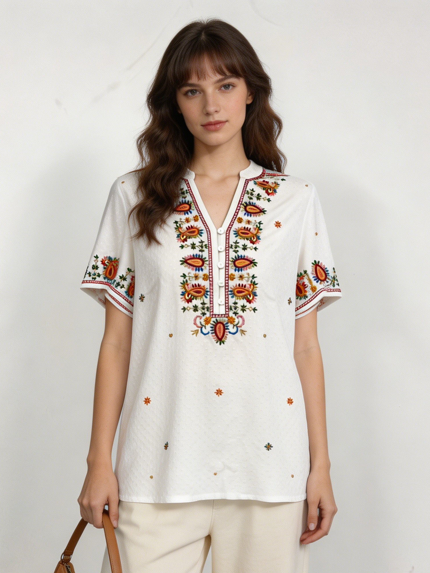 Women’s Boho Embroidered Blouse – Ethnic V Neck Loose Fit Summer Top D-42255