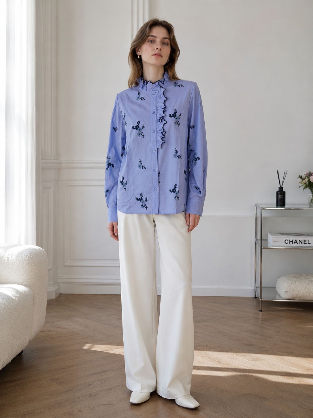Floral Embroidered Ruffle Trim Blouse AN-710005