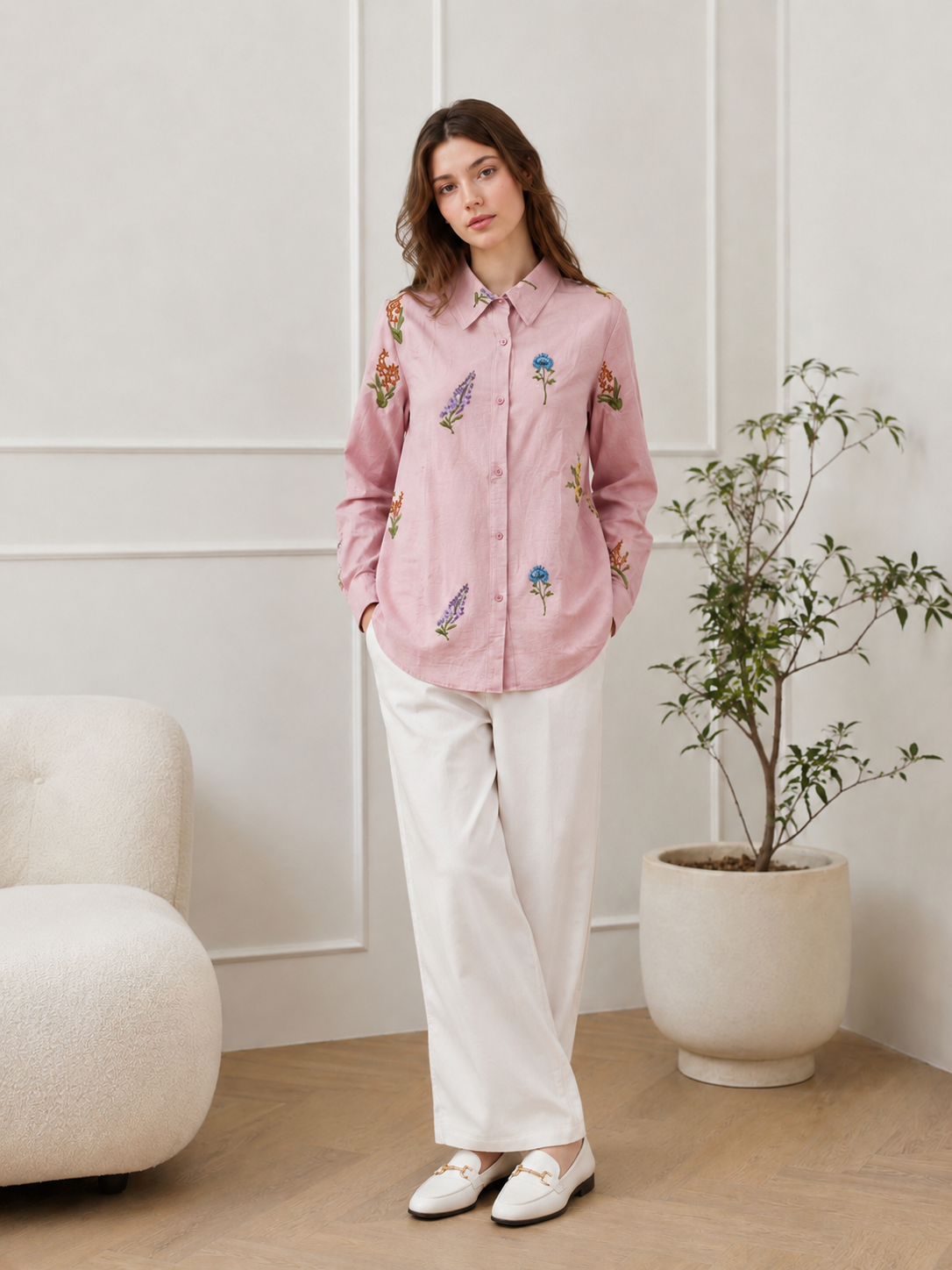 Floral Embroidered Long-Sleeve Button-Up Shirt AN-710017
