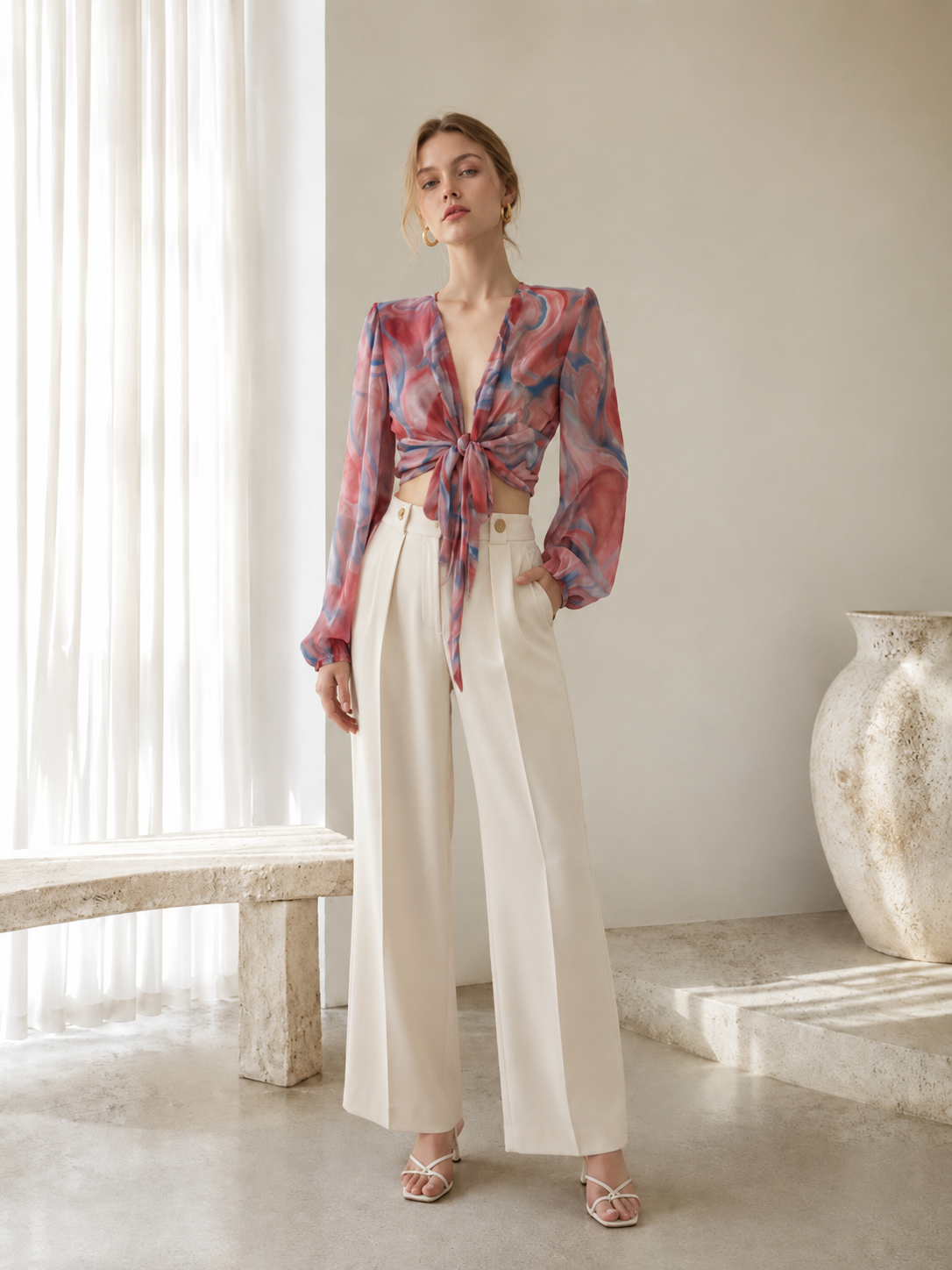 Minimalist Sheer Tie-Dye Long-Sleeve Wrap Blouse LA-710010