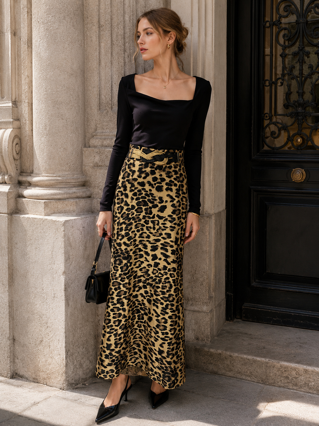 Chic Leopard Print Satin Skirt - Knot Detail High Waist Office Skirt  AN-190510