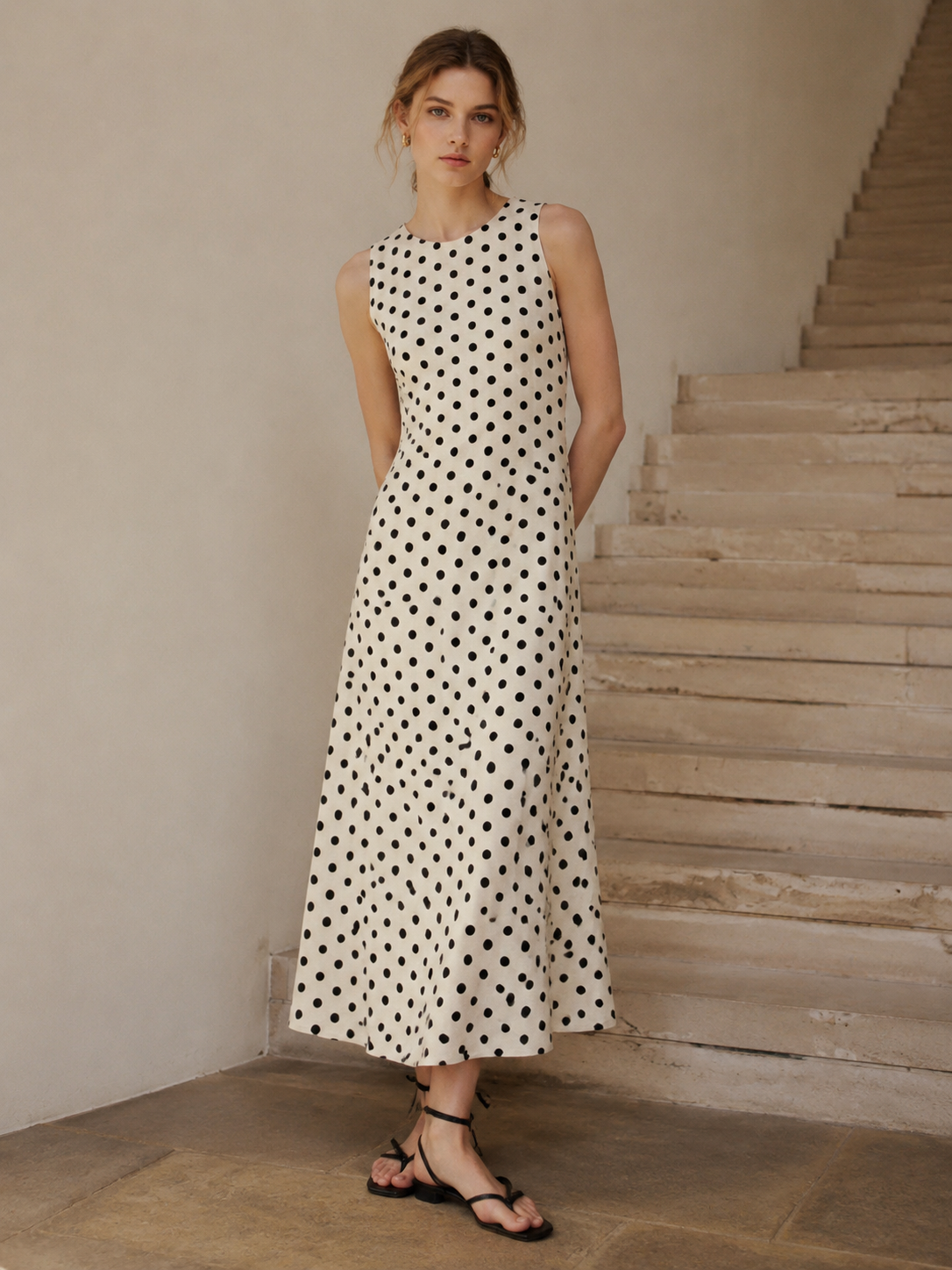Women’s Casual Polka Dot Dress Wholesale - Sleeveless Summer Maxi C-40015