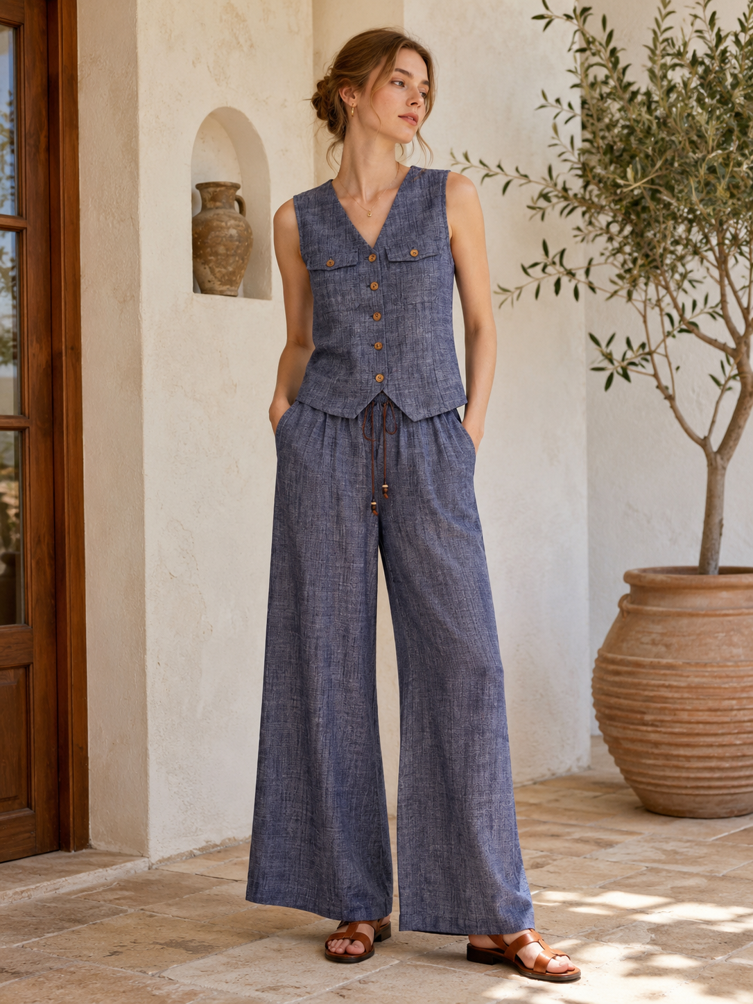 Boho Blue Grey Linen Suit - V-Neck Vest & Drawstring Wide Leg Pants  C-41743+C-41763