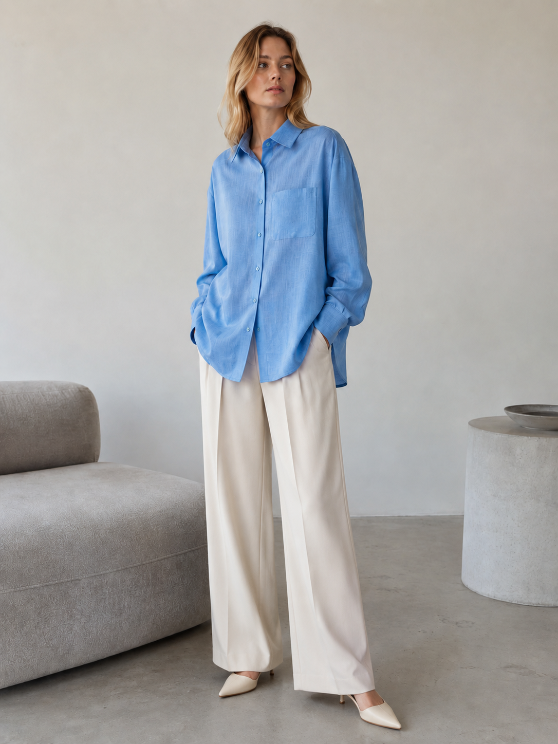 Relaxed Fit Sky Blue Linen Shirt C-42178