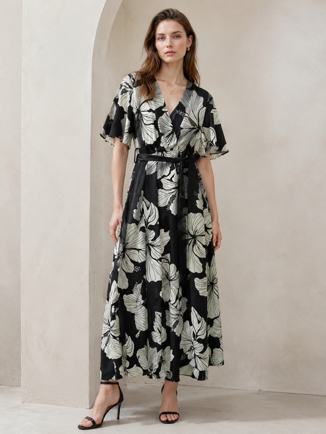Women's Black & White Hibiscus Print Wrap Midi Dress - V-Neck Tie Waist Dress  C-42530