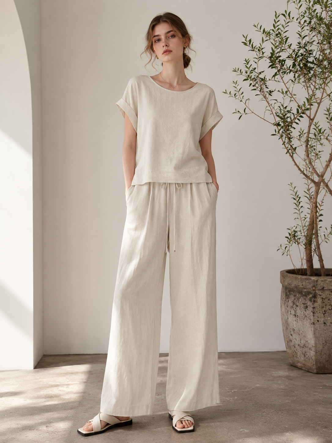 Women’s Linen Lounge Set – Relaxed Fit Top & Drawstring Pants Co-ord C-42767+C-42752