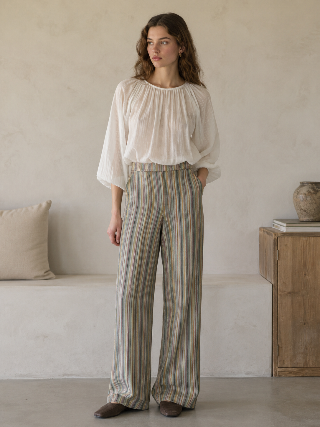 Elastic Waist Striped Wide Leg Pants - Versatile Boho Bottoms D-42124