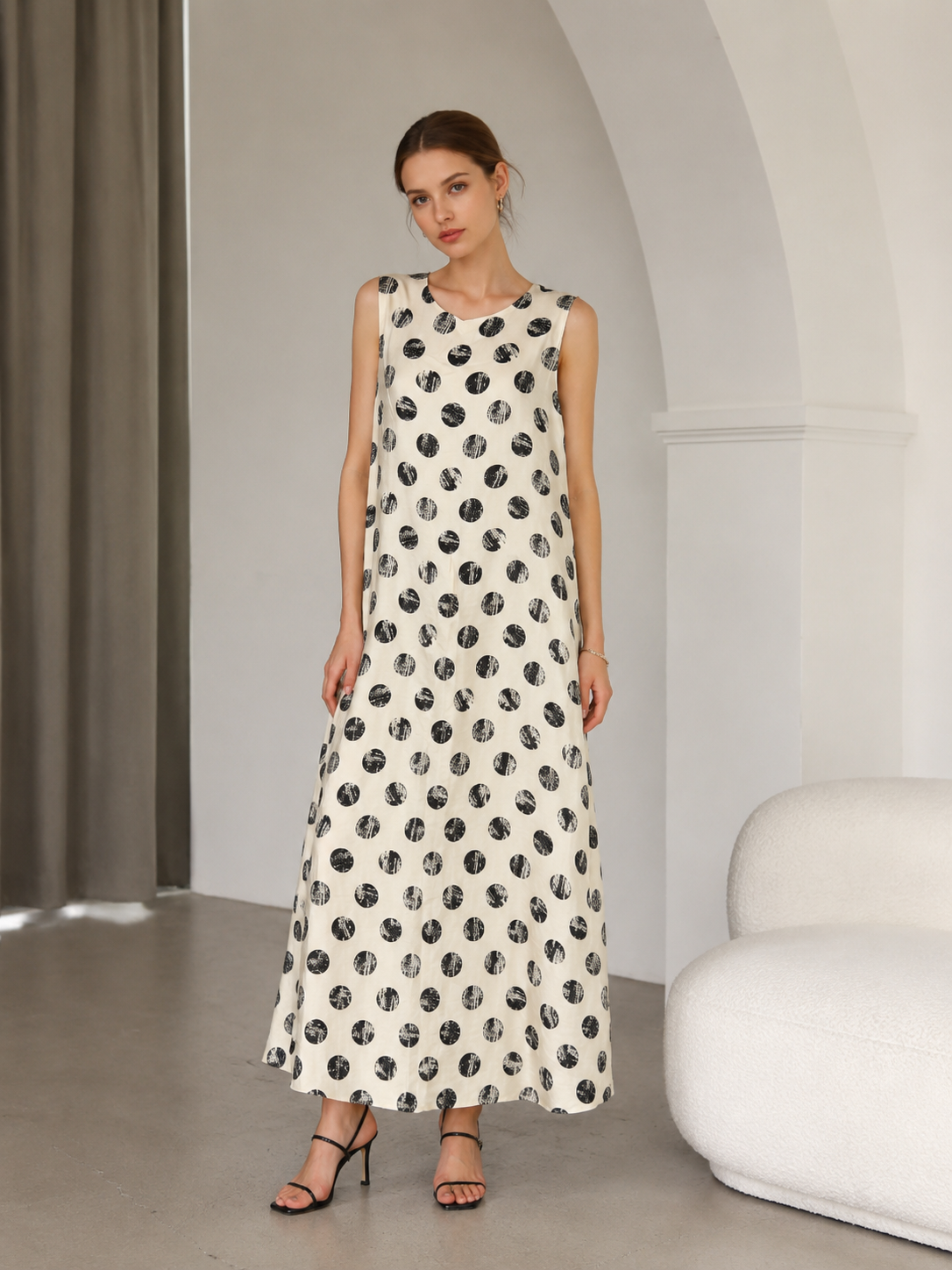 Elegant Cream Polka Dot Midi Dress - Sleeveless Casual Dress  K-41817