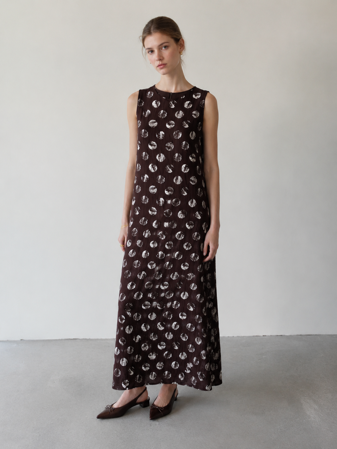 Elegant Cream Polka Dot Midi Dress - Sleeveless Casual Dress  K-41817
