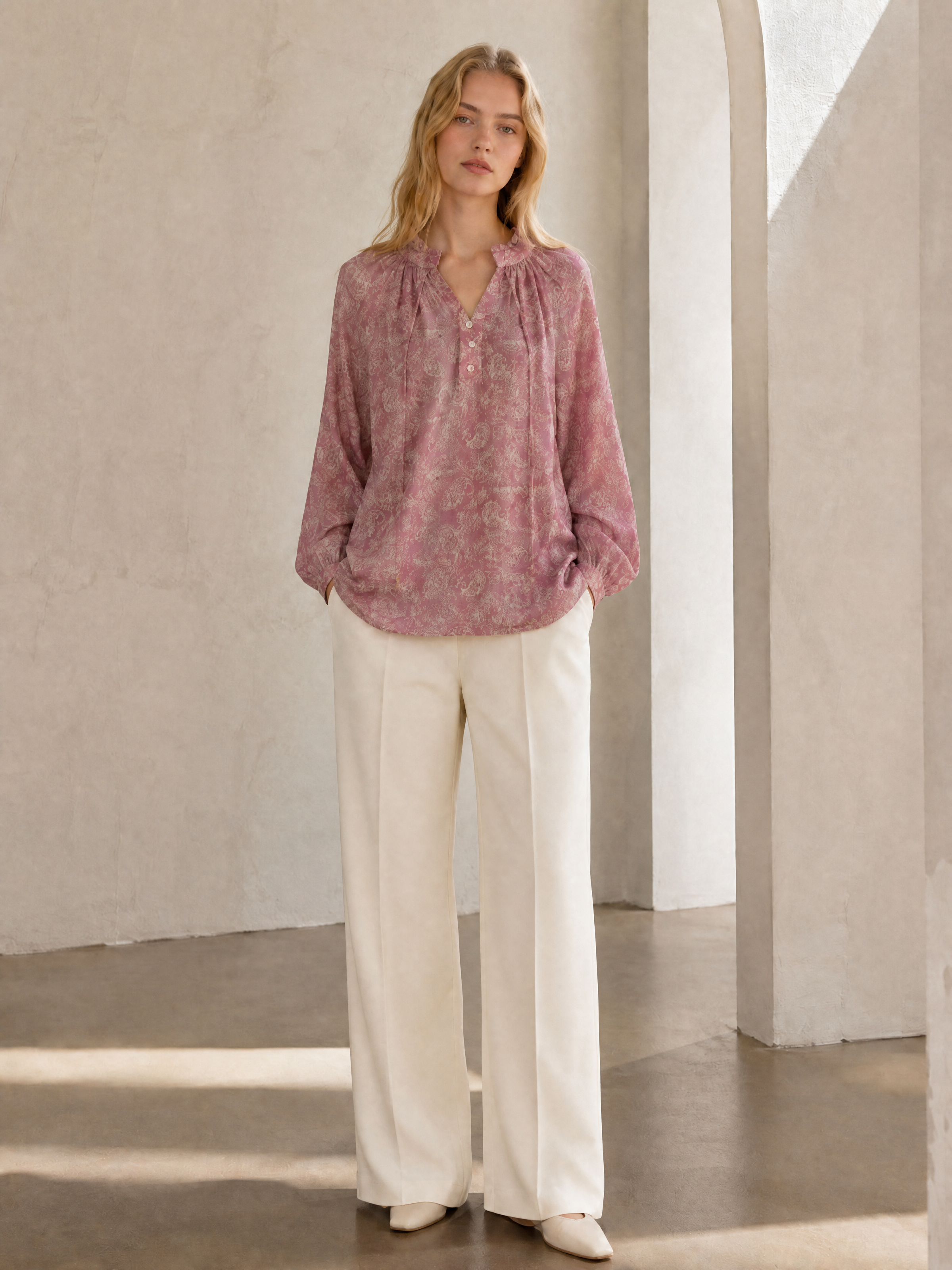Women's  Paisley Print Blouse - Tie Neck Puff Sleeve Top AN-710020(N-41540)