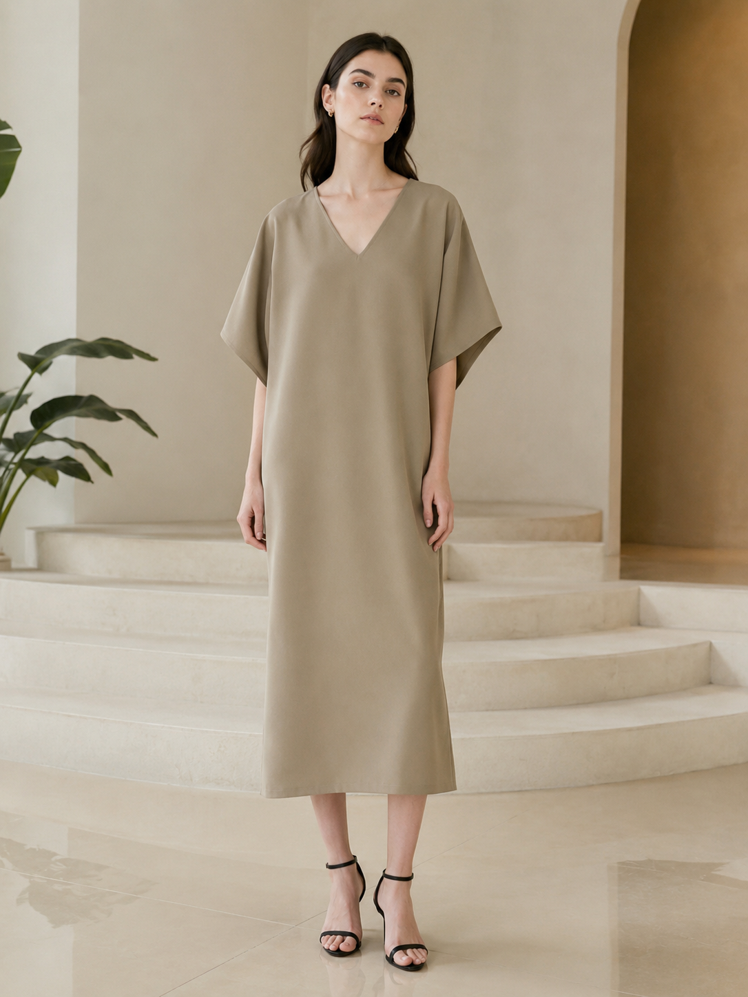 Chic Khaki Batwing Sleeve Shift Dress - Office Casual Midi Dress  S-2538