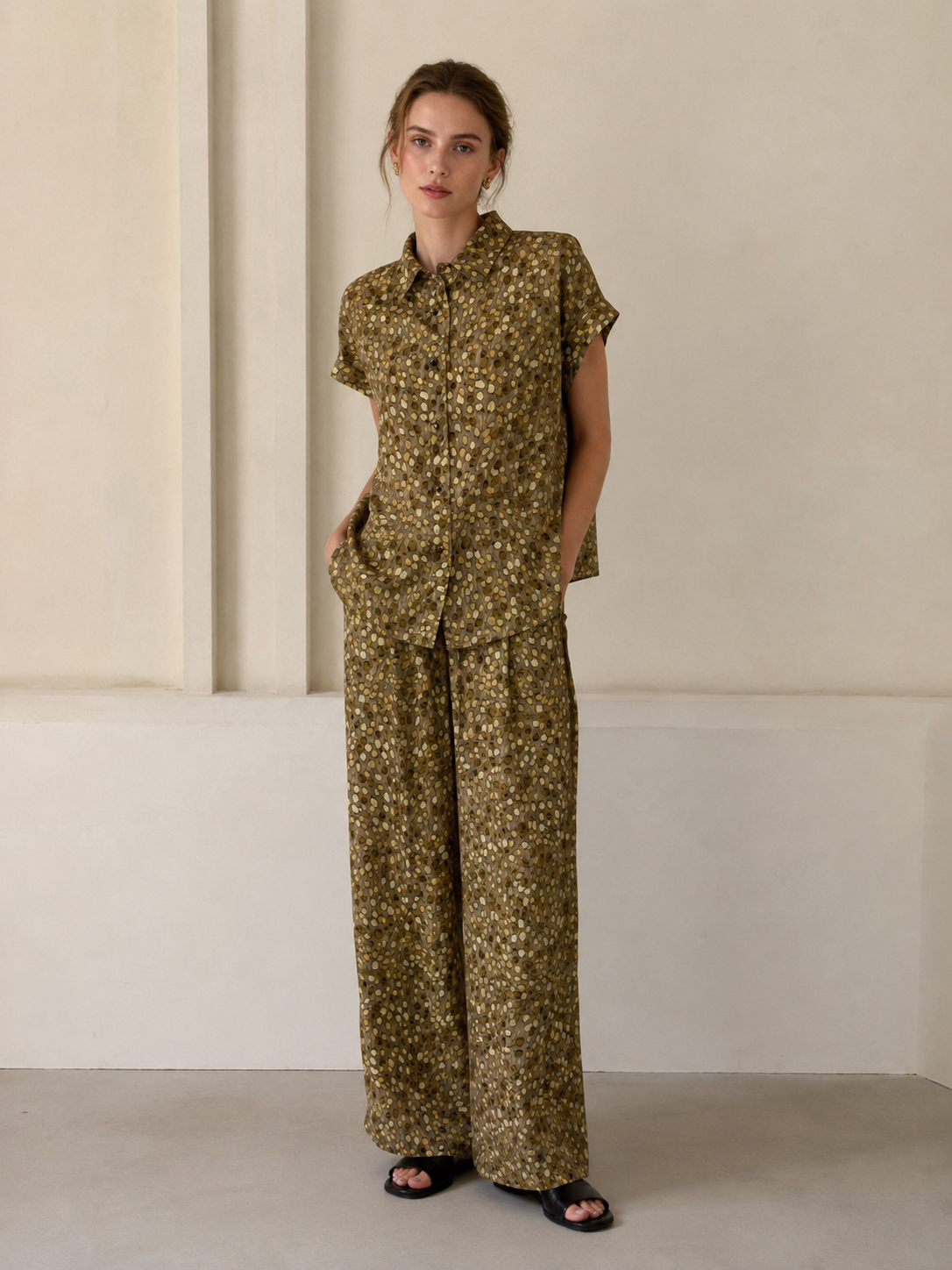Khaki Dot Print Satin Shirt Wide Leg Pants Set - Two Piece Outfit W-42716+W-42717(LA-690003)
