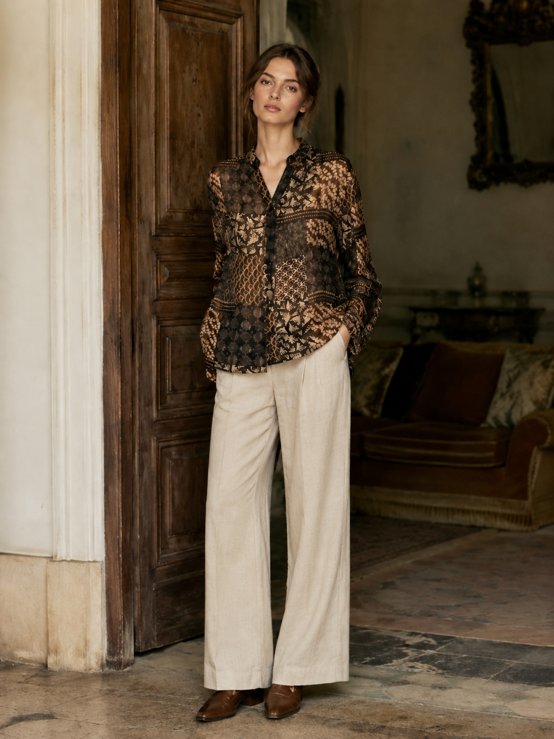 Women’s V-Neck Printed Loose Blouse A-43137