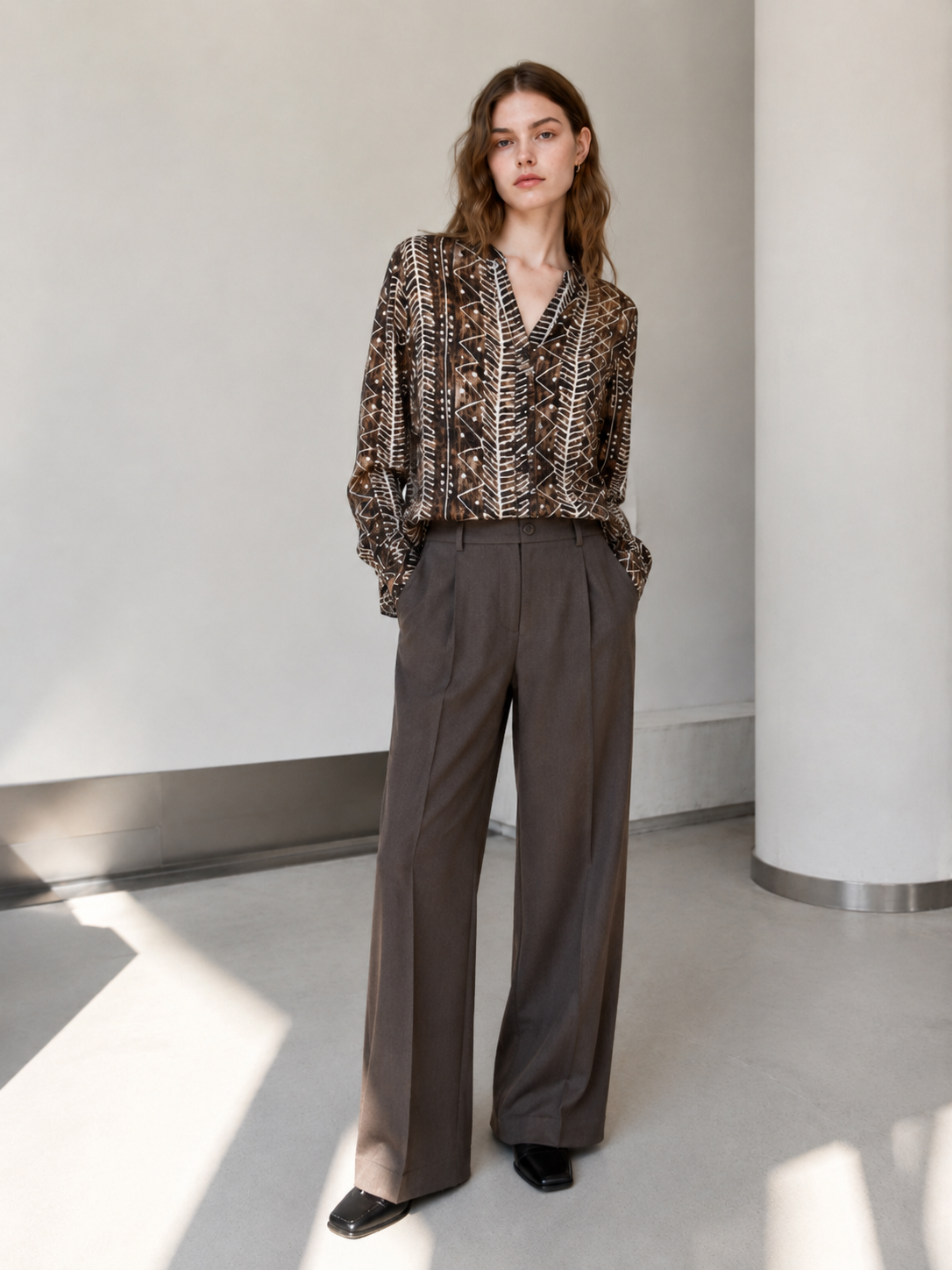 Women’s Sheer Boho Geometric Print Cropped Shirt A-43138