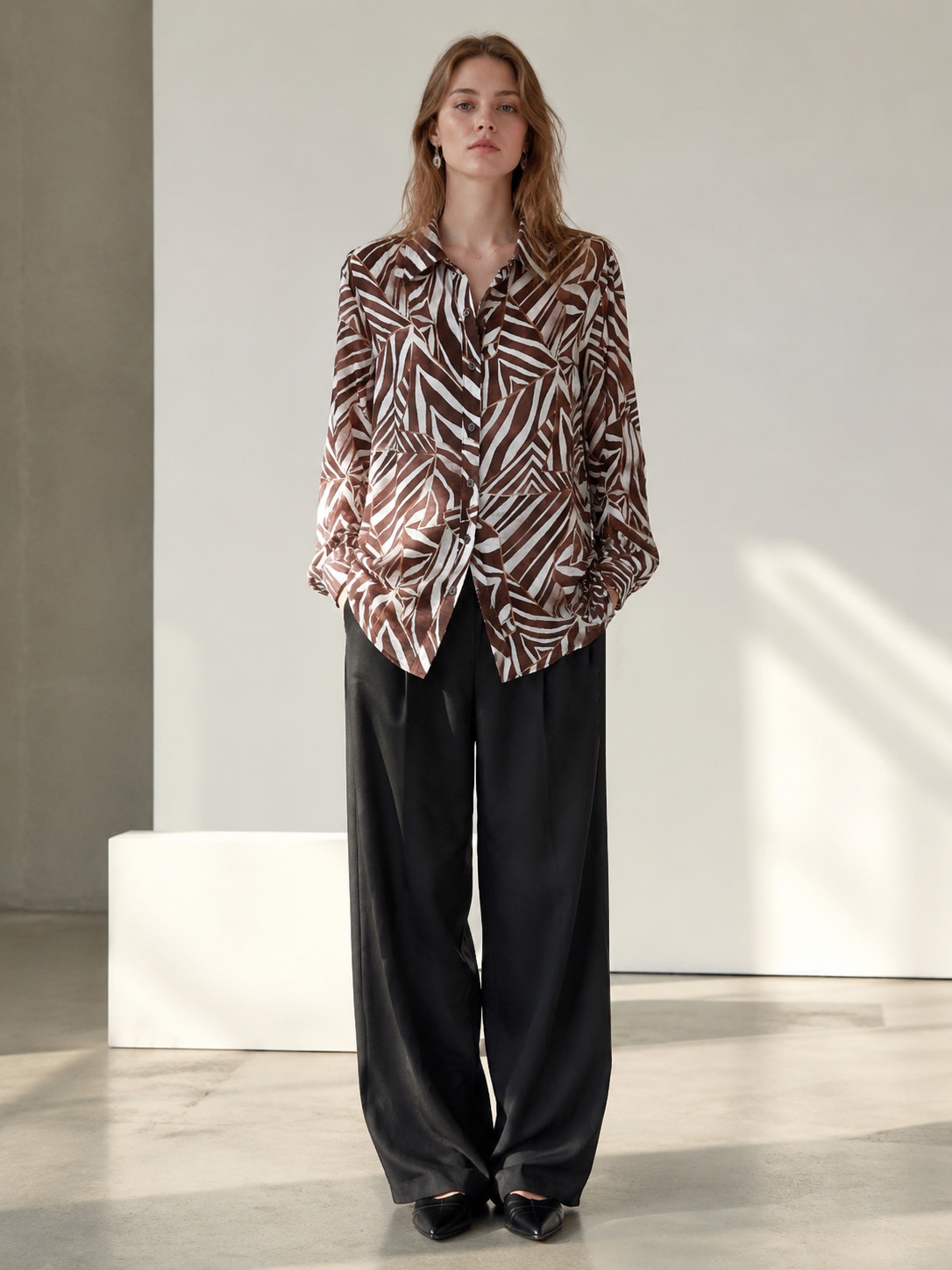 Women’s Zebra Print Long Sleeve Button Down Shirt A-43141