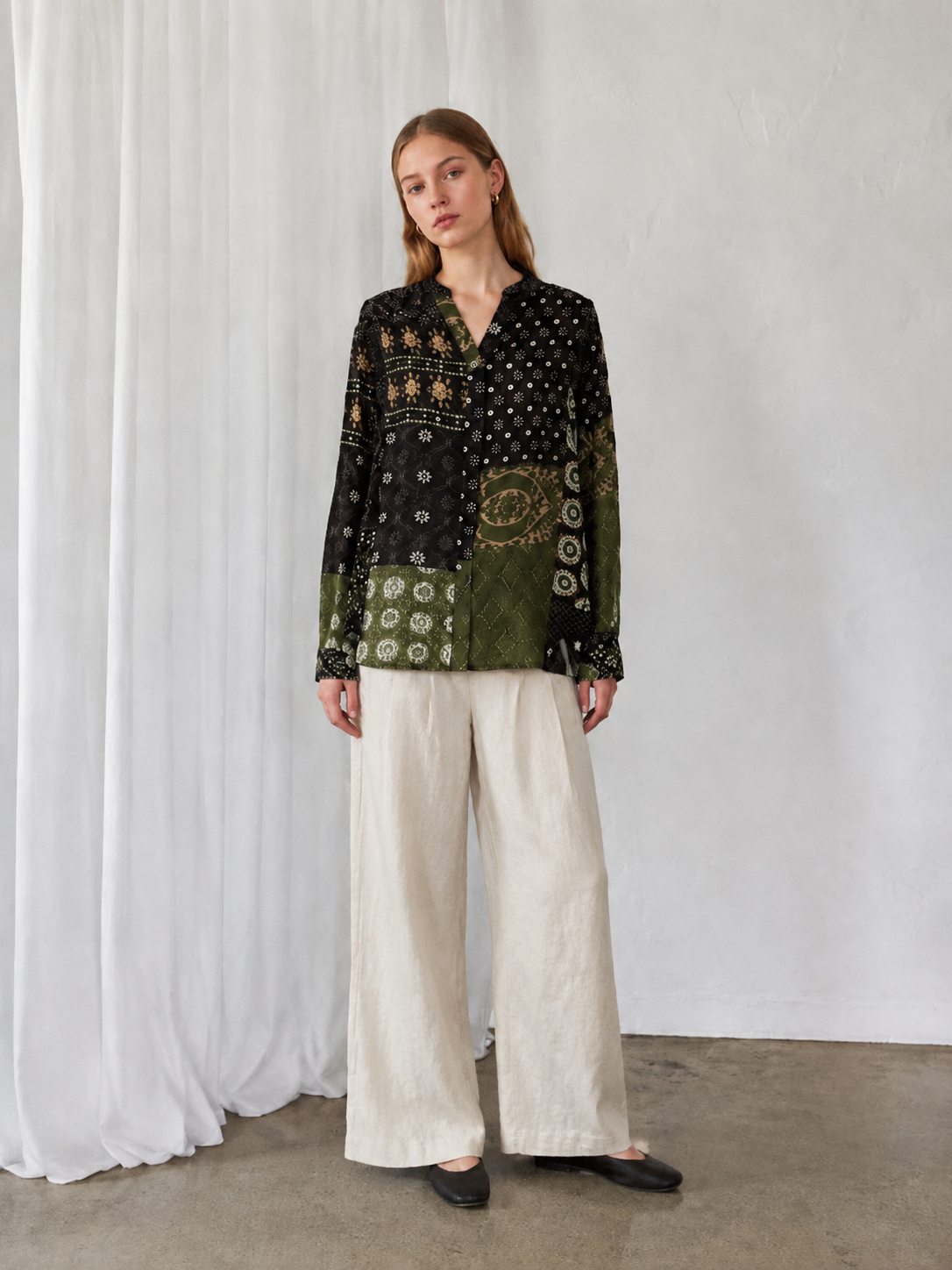 Women’s Boho Patchwork Print Button Down Shirt A-43175