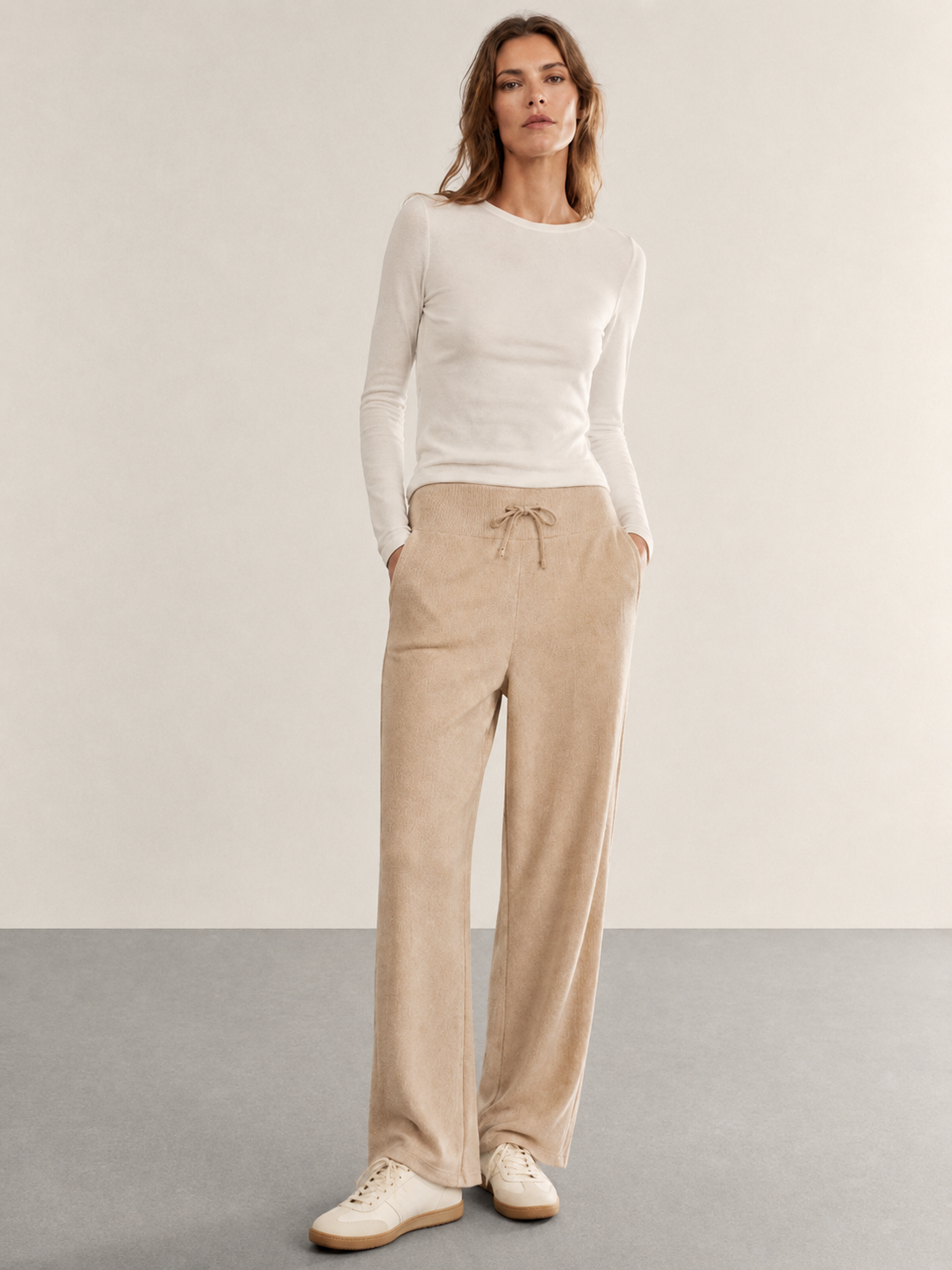 Elegant Beige Drawstring Knit Wide Leg Pants - Premium Everyday Wear XW-26904