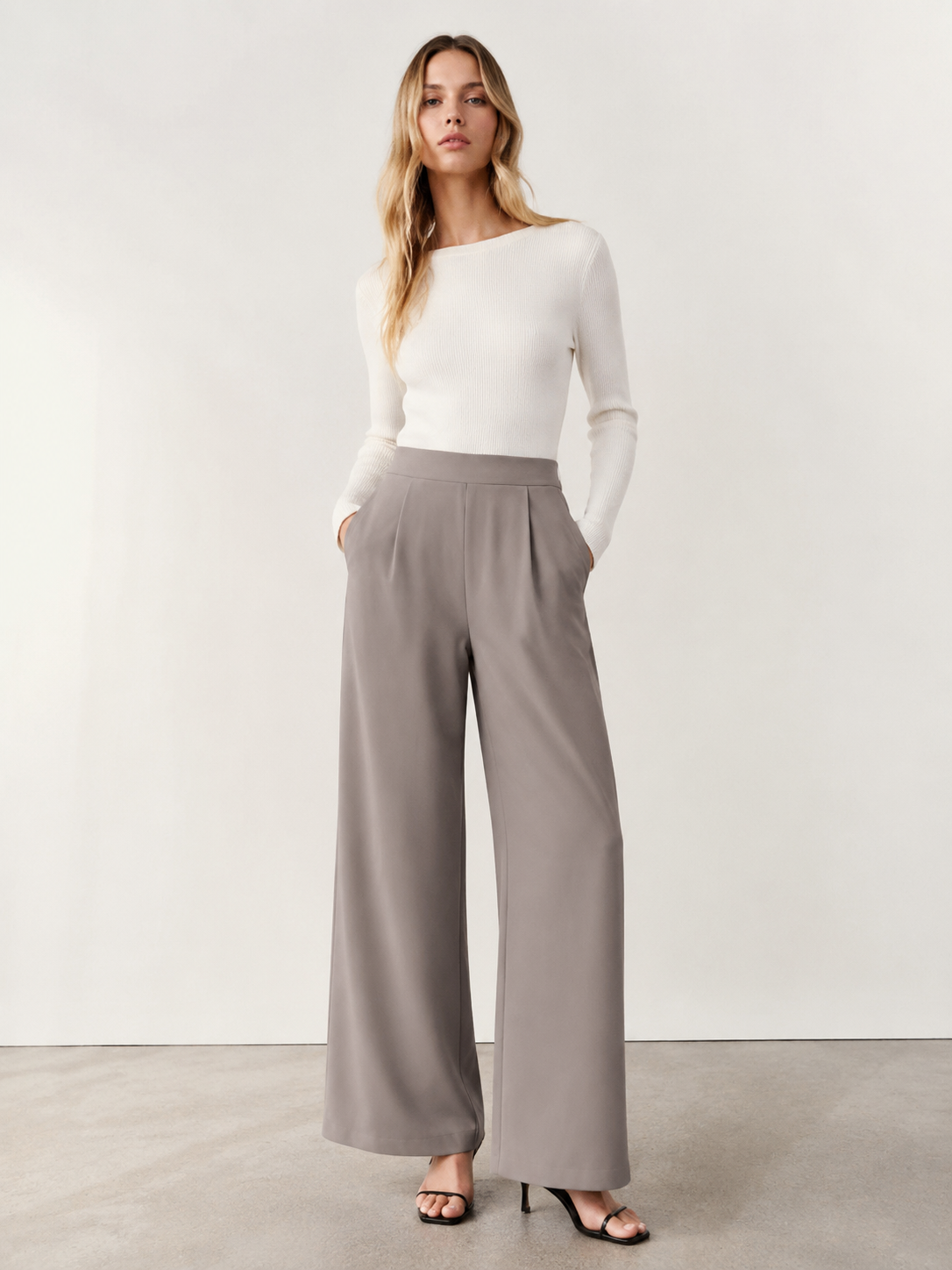 Front Pleated High Waist Taupe Wide Leg Pants - Versatile Workwear XW-26906