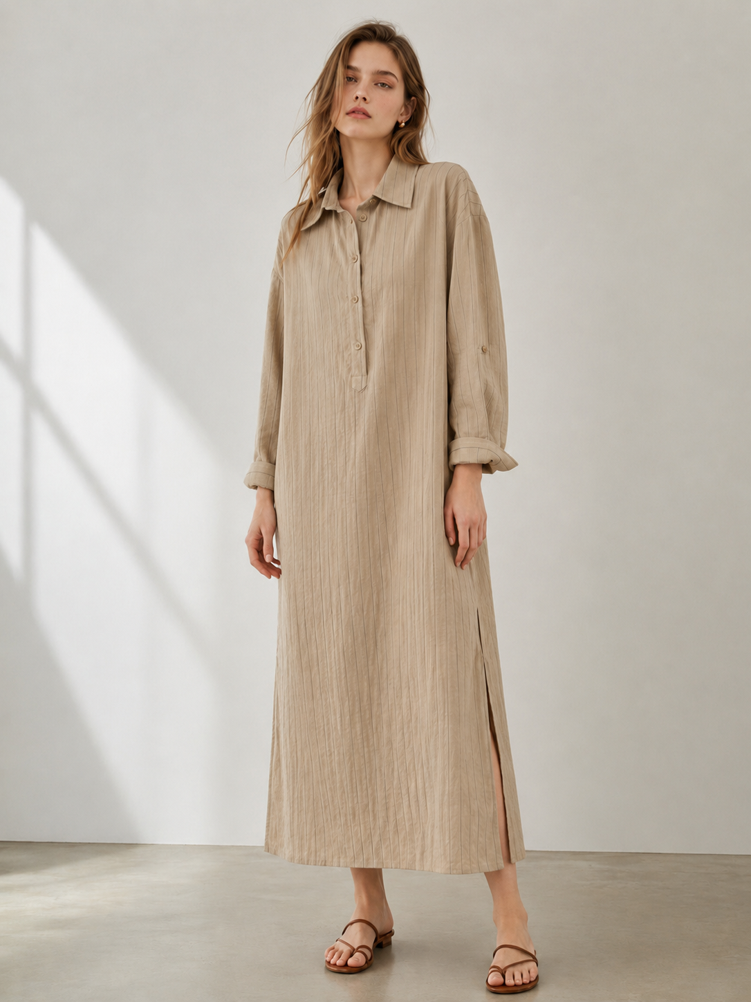 Minimalist Linen-Blend Striped Maxi Dress - Versatile Everyday Wear A-43030