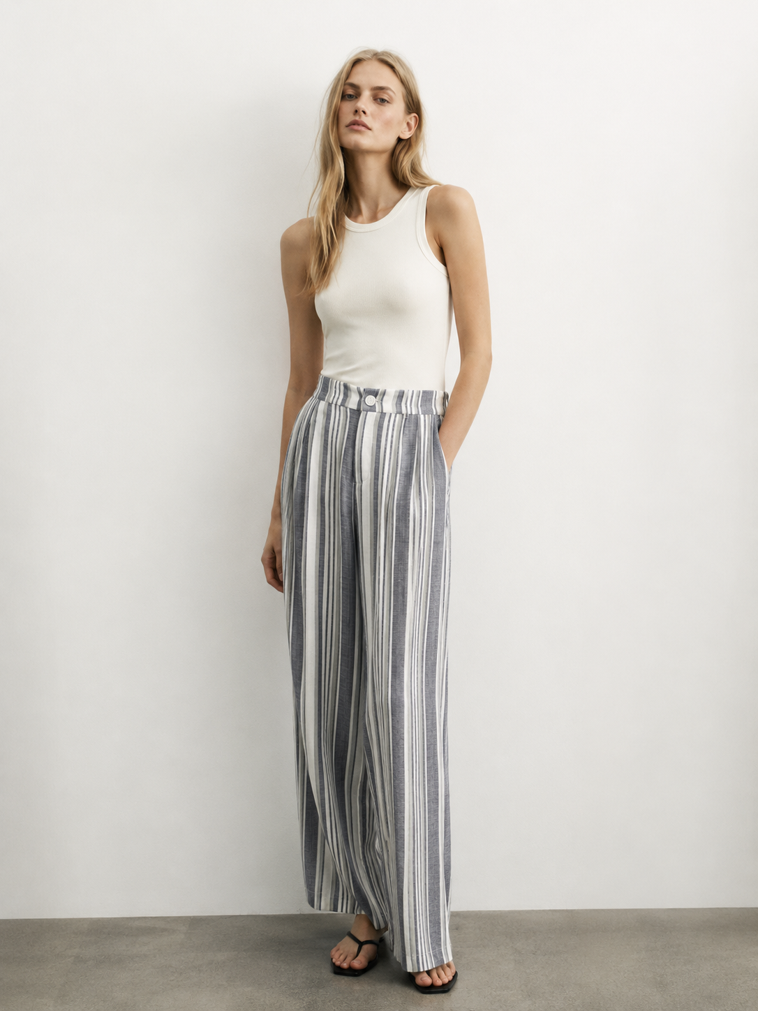 Minimalist Linen-Blend Striped Wide Leg Pants - Chic Office Casual D-40662