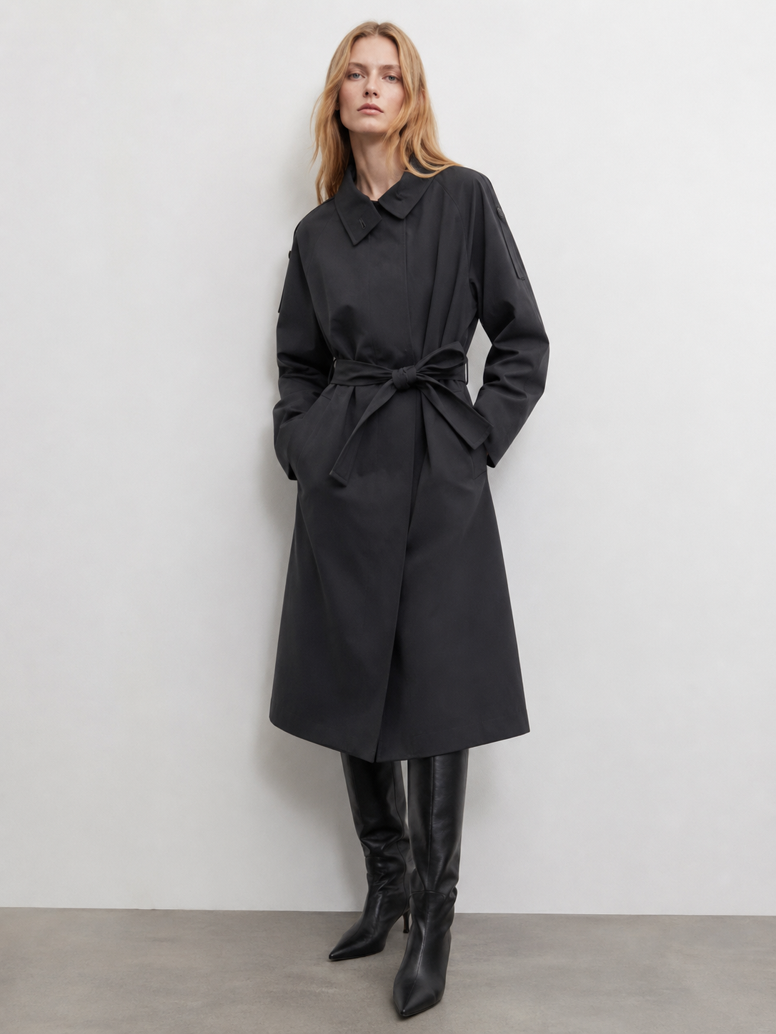 Dark Grey Belted Trench Coat with Asymmetric Collar - Long Outerwear M-42870