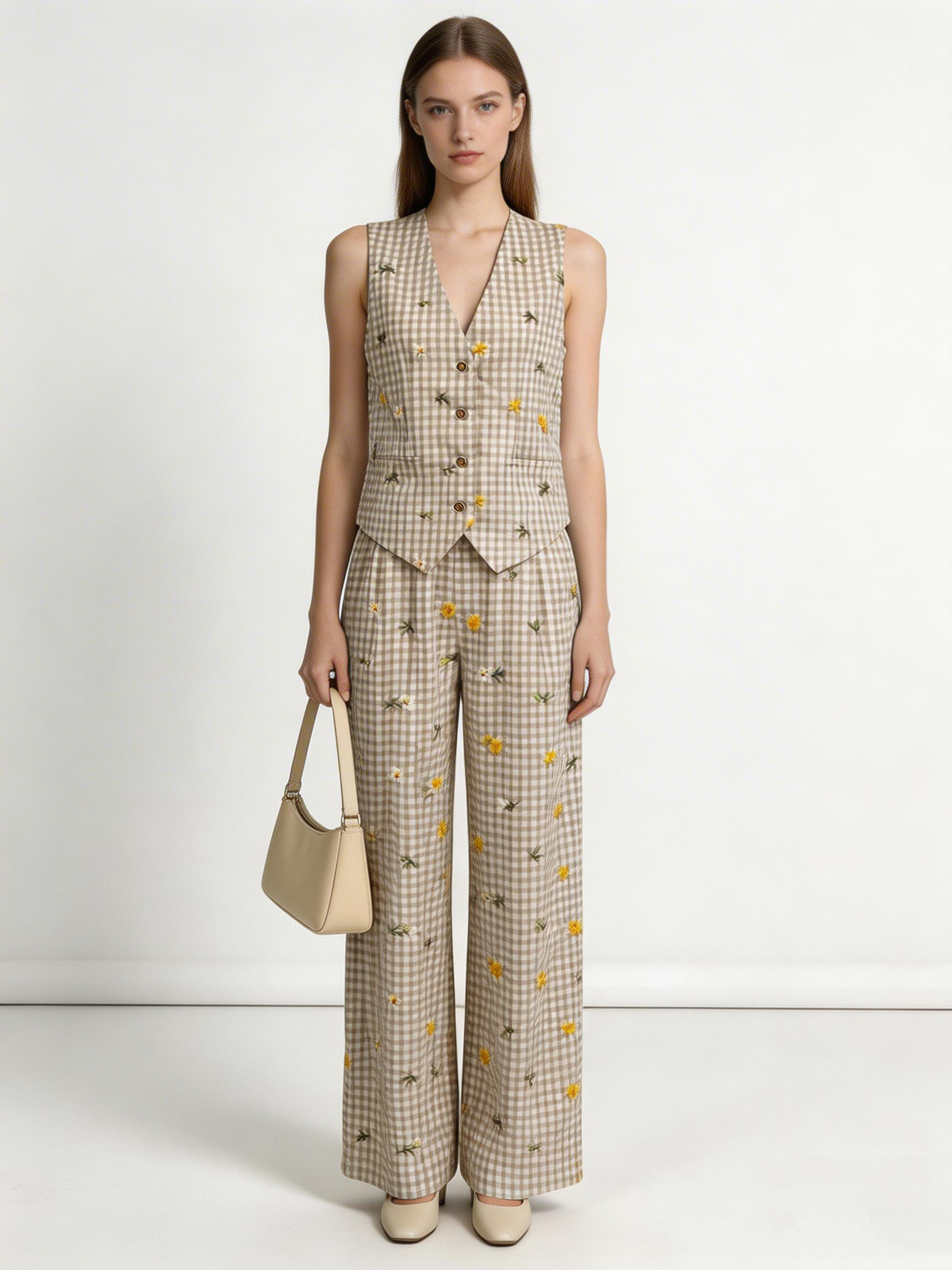 Women’s Gingham Floral Embroidered Vest & Wide Leg Pants Two Piece Set A-42383+A-42384