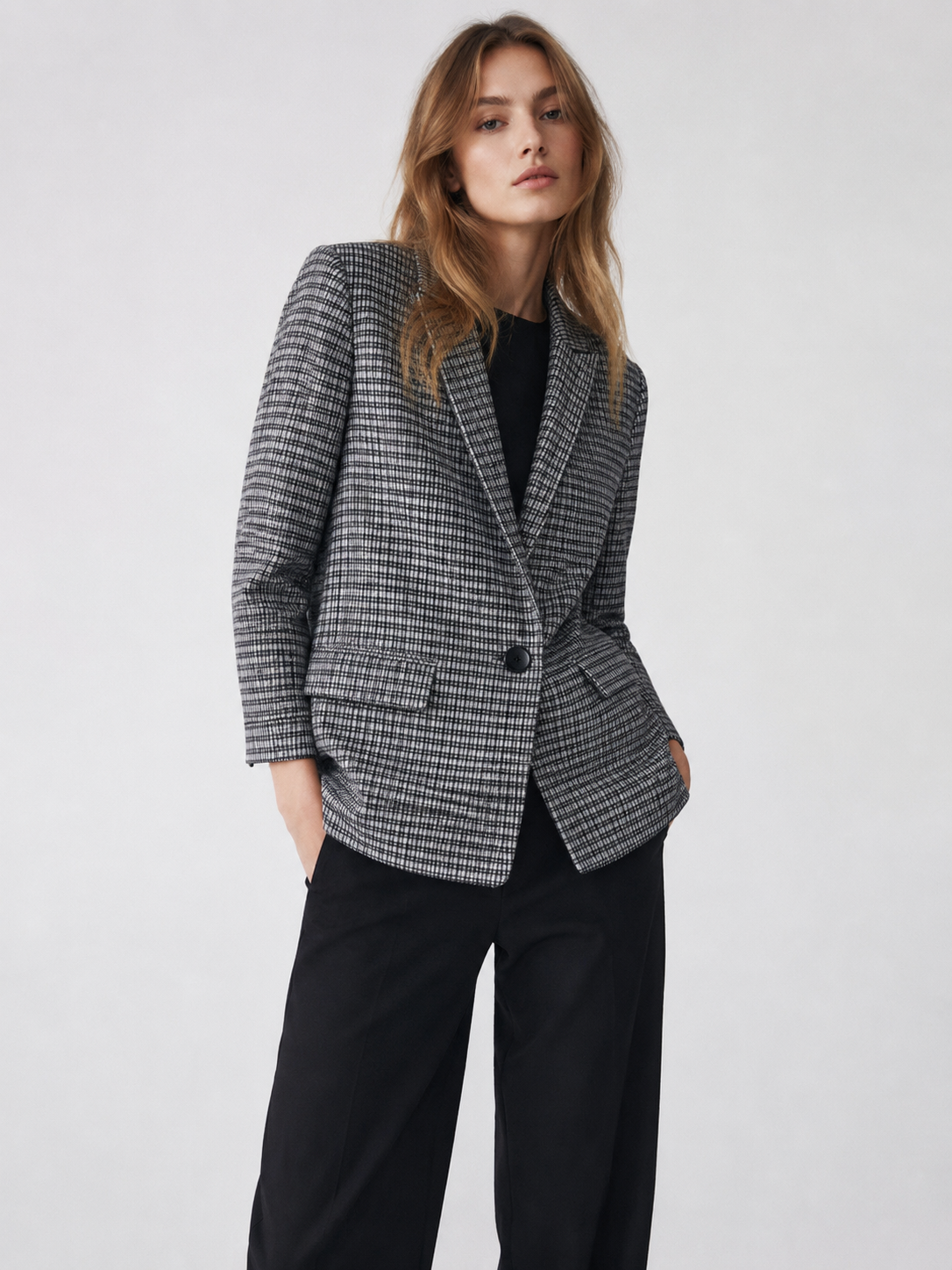 Navy White Plaid Single-Breasted Blazer - Casual Outerwear M-42875