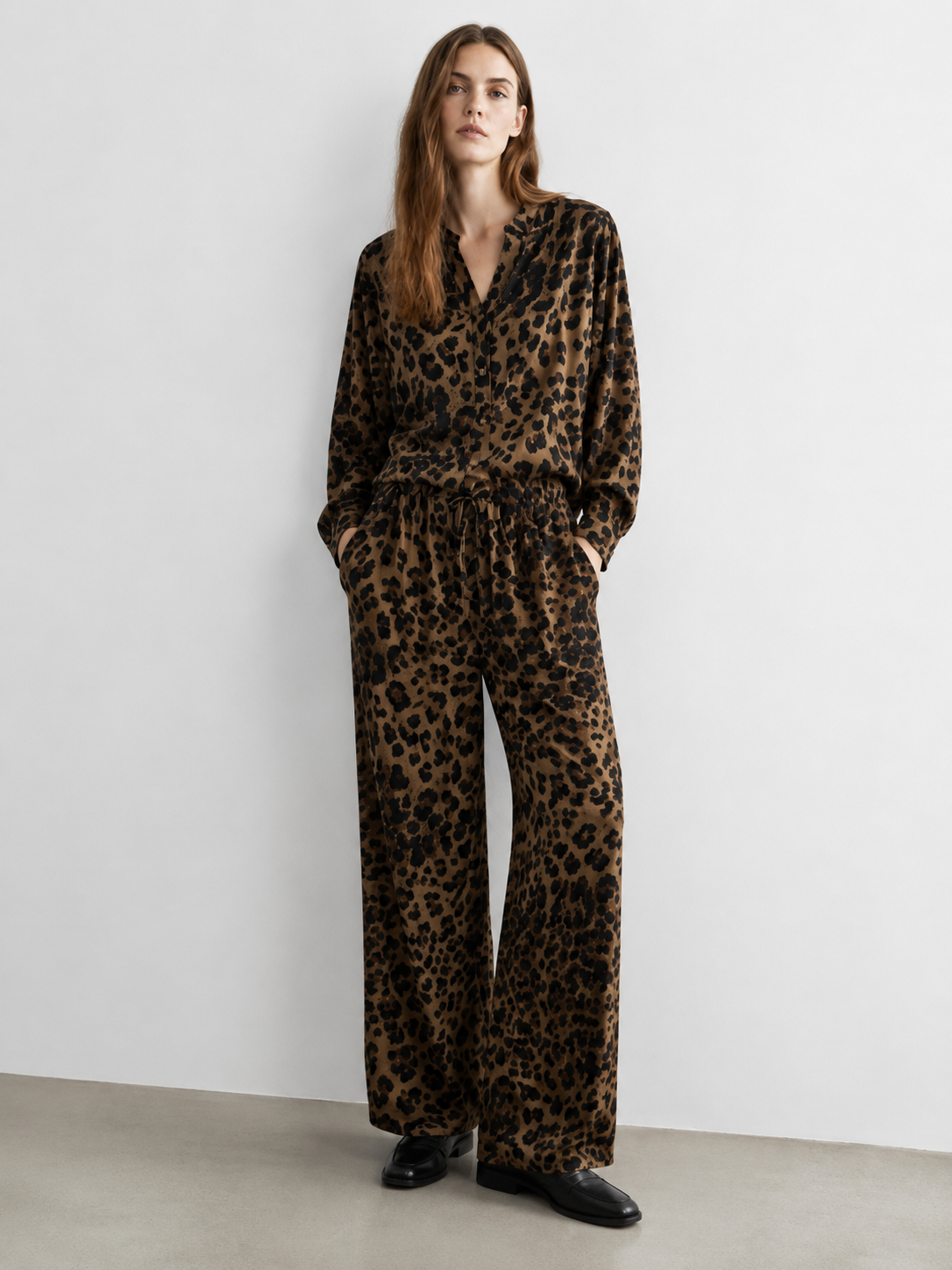 Leopard Print Shirt and Wide Leg Pants Set - Two-Piece Outfit W-43066+W-43064