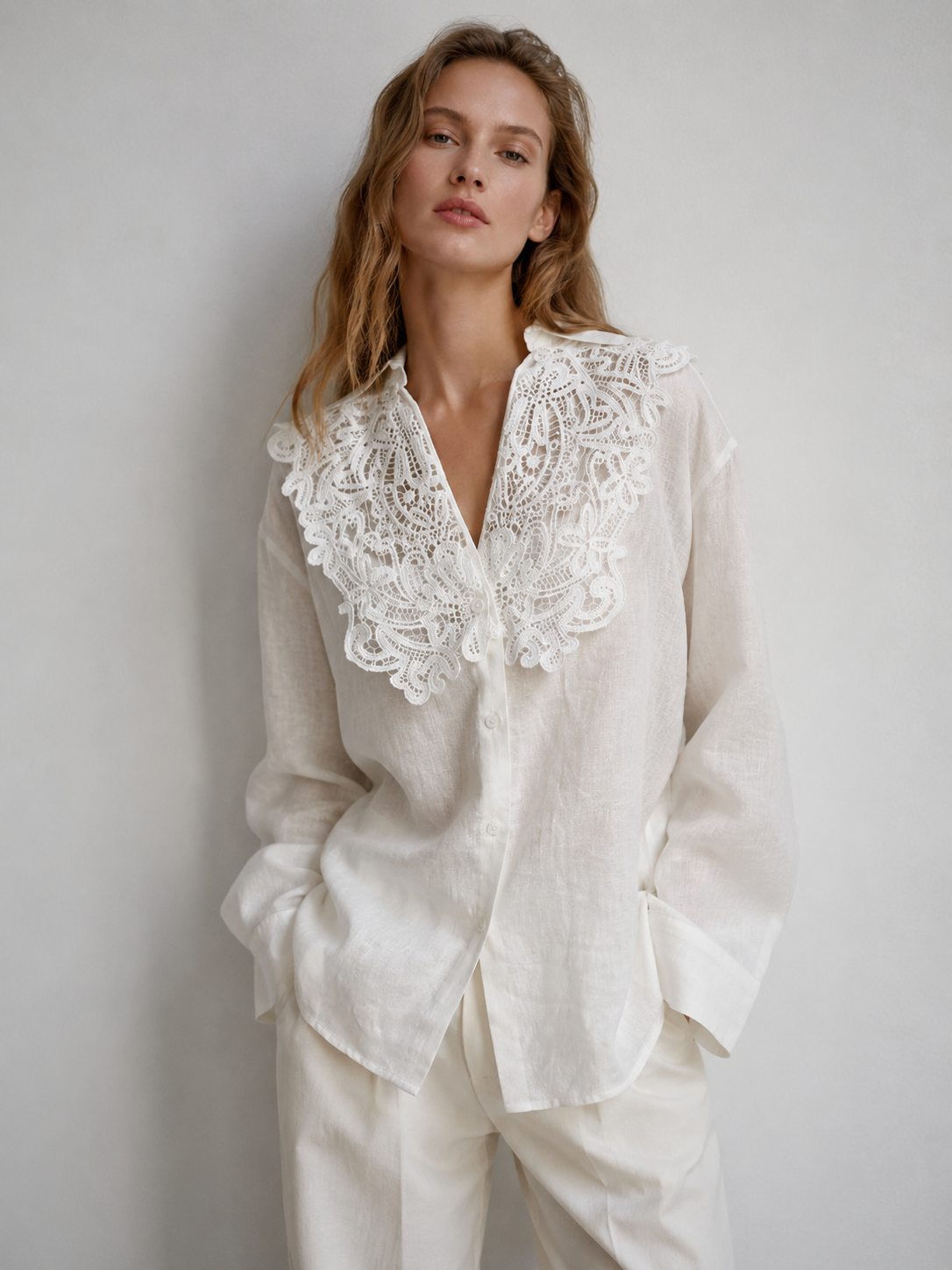 White Linen Shirt with Lace Collar - Casual Long Sleeve Blouse XW-42332