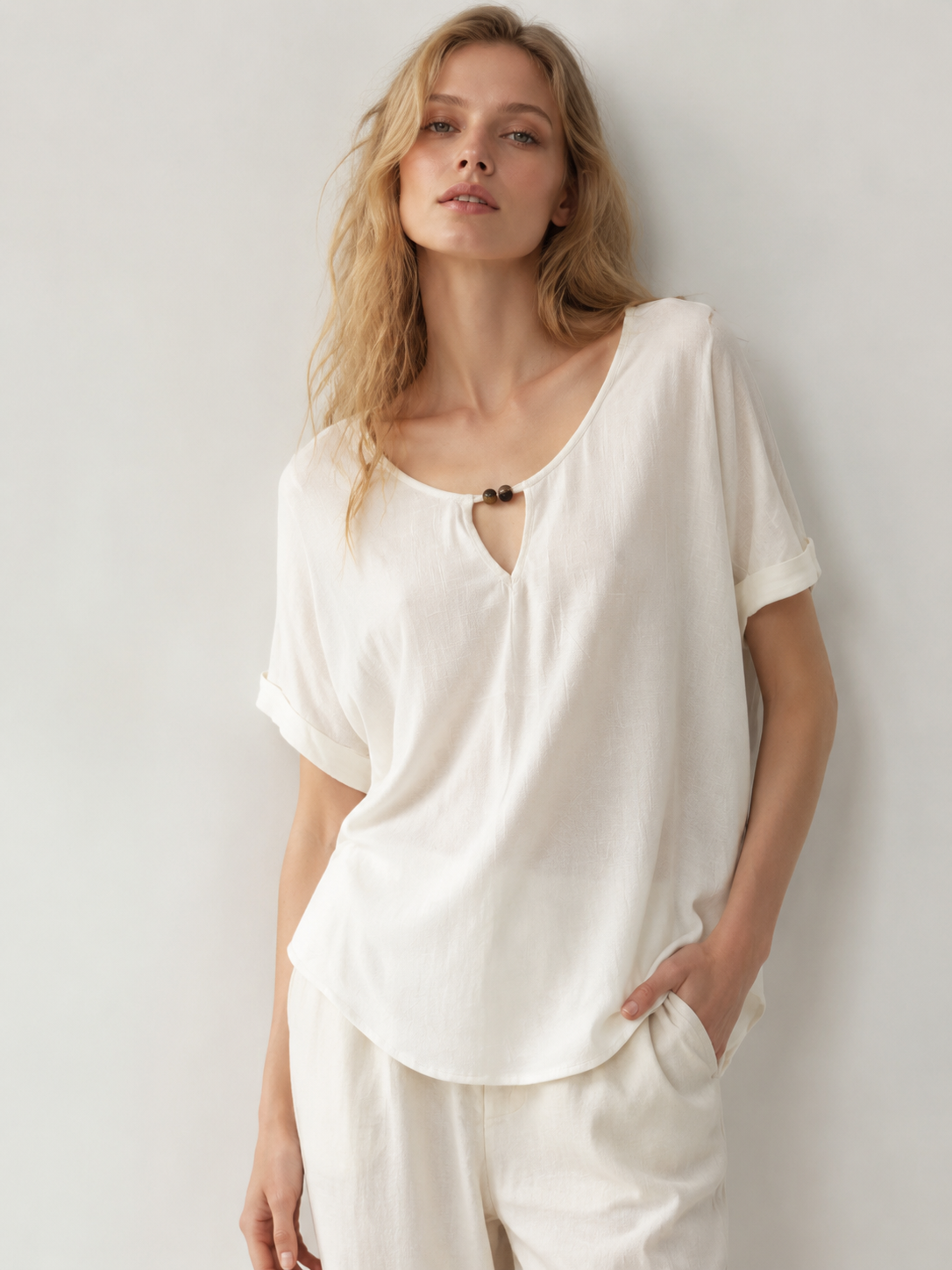 Boho Linen Texture Keyhole Neck Top Casual Short Sleeve Loose Blouse for Women A-42023