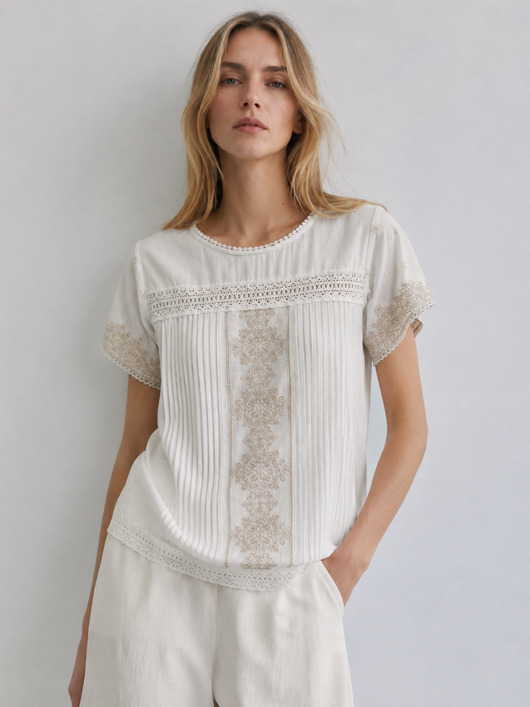 Boho Crochet Lace Insert Blouse Elegant Short Sleeve Embroidered Cotton Top AN-261051