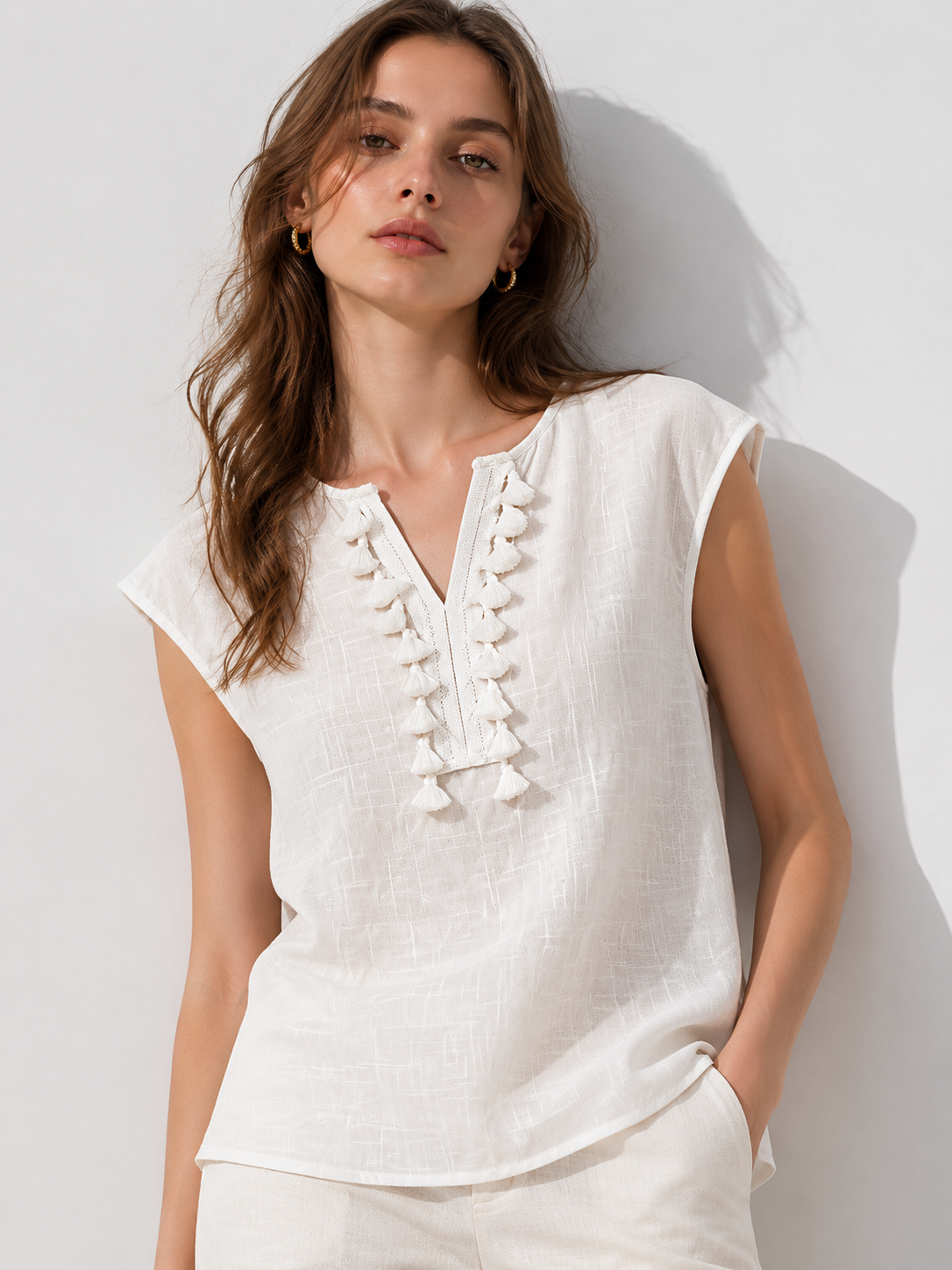 Boho Tassel Trim Sleeveless Linen Top Casual V-Neck Blouse for Women C-41968