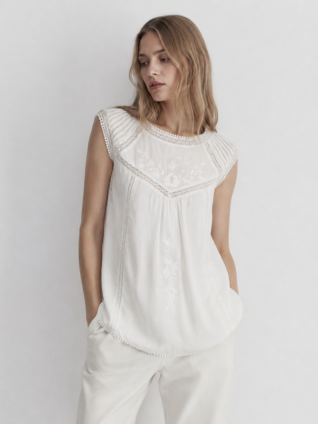 Boho White Cotton Embroidered Blouse Crochet Detail Pom-Pom Hem Summer Top D-41963