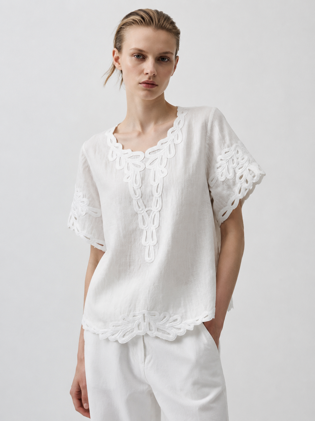 Boho White Top with Cording Detail Short Sleeve Loose Summer Blouse K-41910