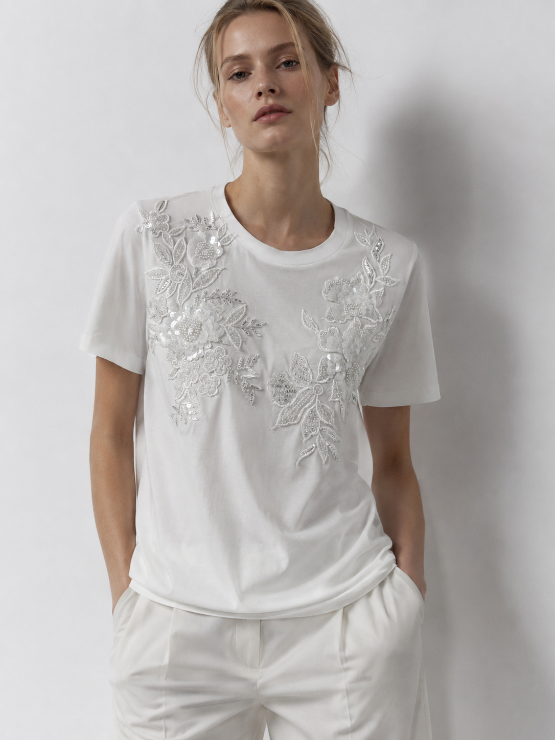 Boho Sequin Embroidered White Tee Casual Summer Top for Women M-38604